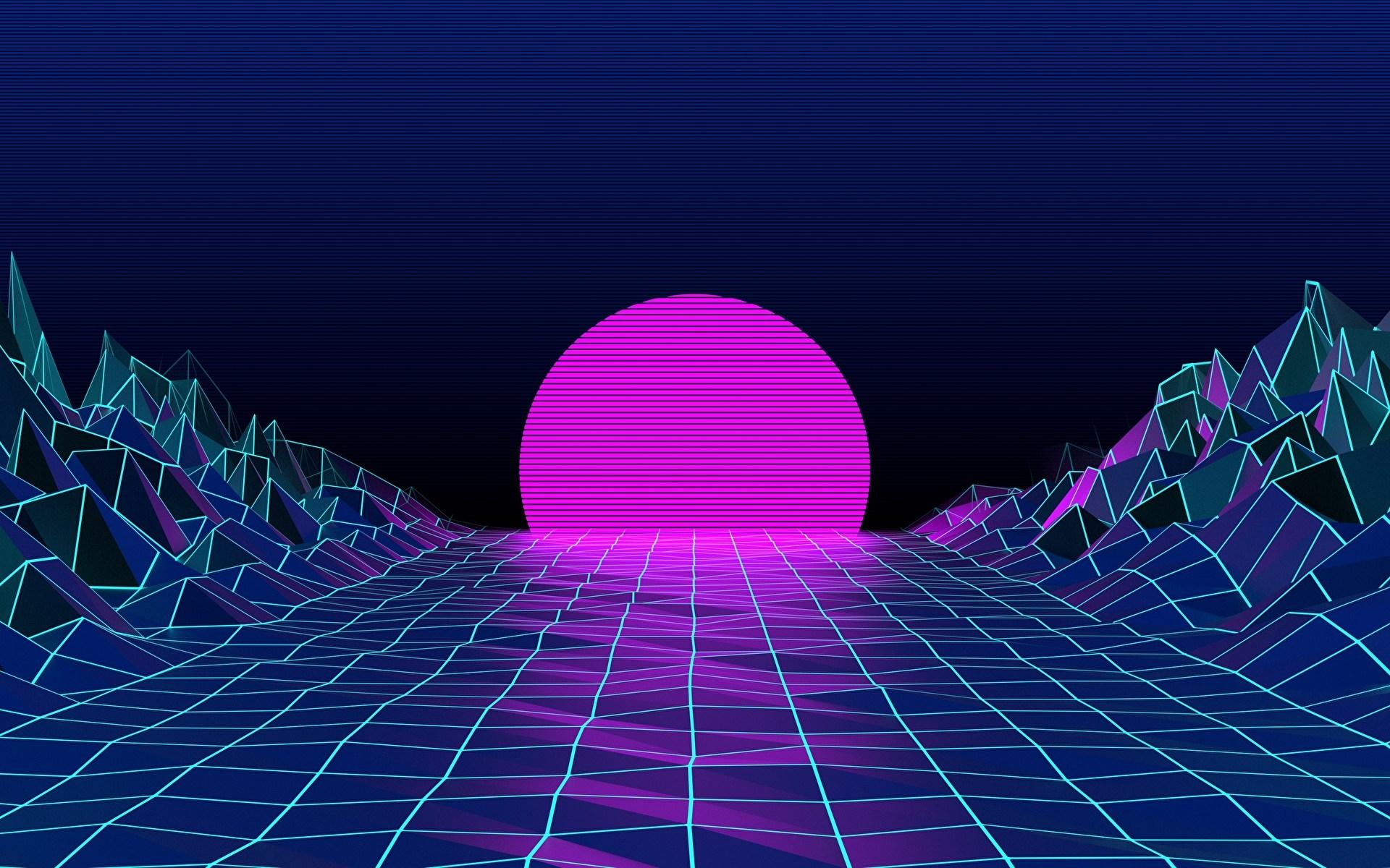 Synthwave, Sonne, Gitter, Wireframe-Berge, Neon, 16:10, Full-HD-Hintergrundbild für den Desktop