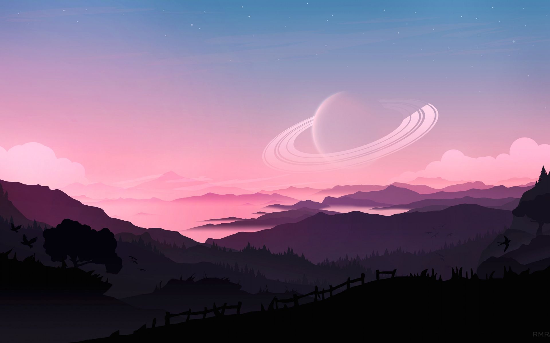 Planet, Berge, Nebel, Rosa Himmel, Silhouette, 16:10, Full-HD-Hintergrundbild für den Desktop
