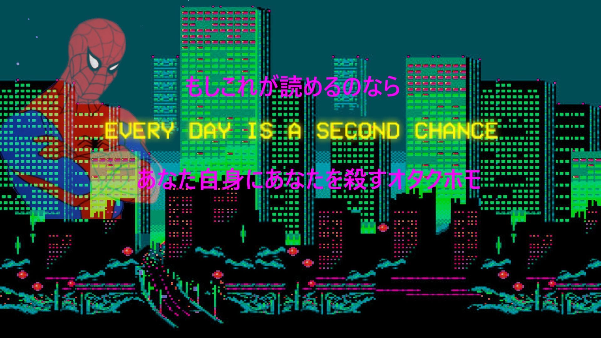 Spider-Man, Every Day Is a Second Chance, Pixel-Art, Grün, Stadt, Full HD, Windows-Hintergrundbild
