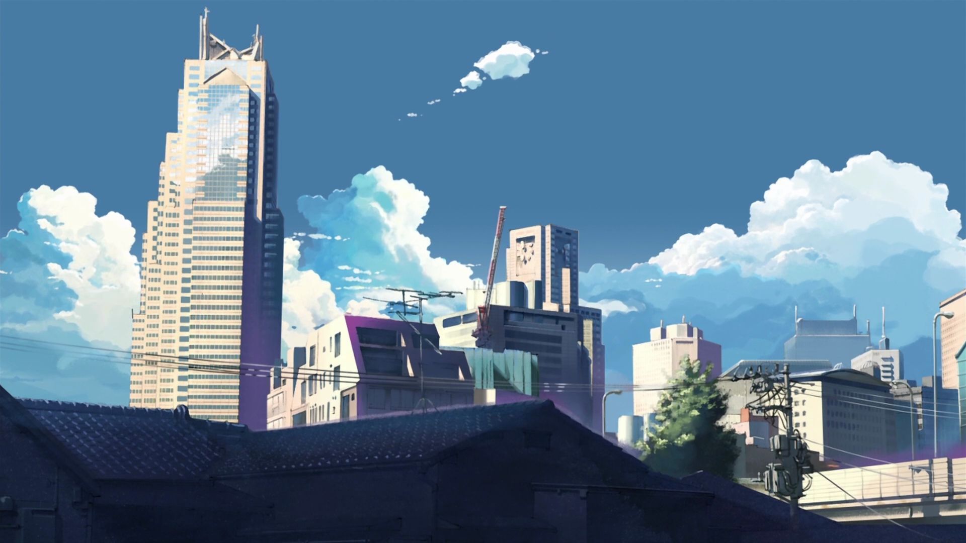 Anime-Stil, Hochhäuser, Wolken, Blauer Himmel, Stadt, Full HD 1080p, Desktop-Hintergrundbild