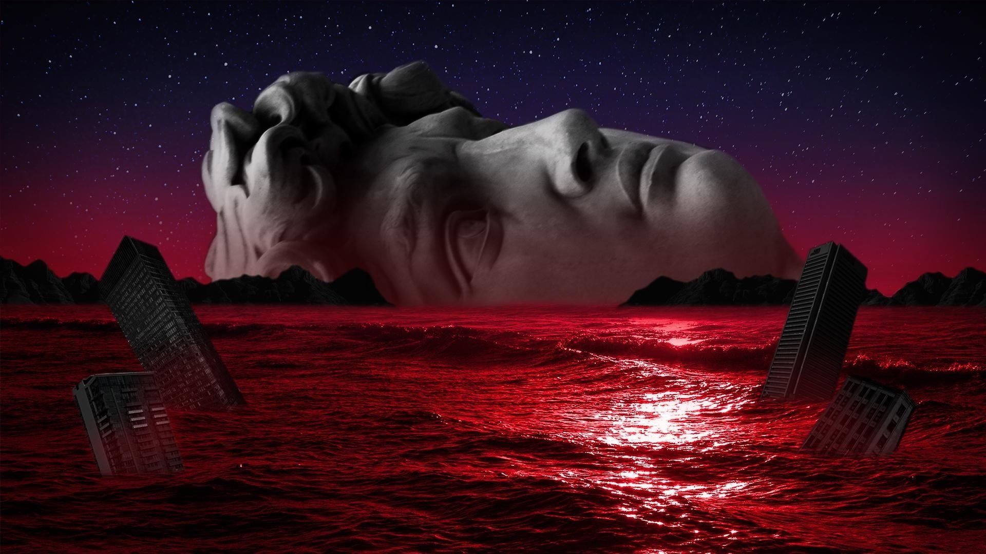 Statue, Kopf, Rotes Meer, Ruinen, Surreal, Nacht, 16:9, Full-HD-Hintergrundbild für den Desktop