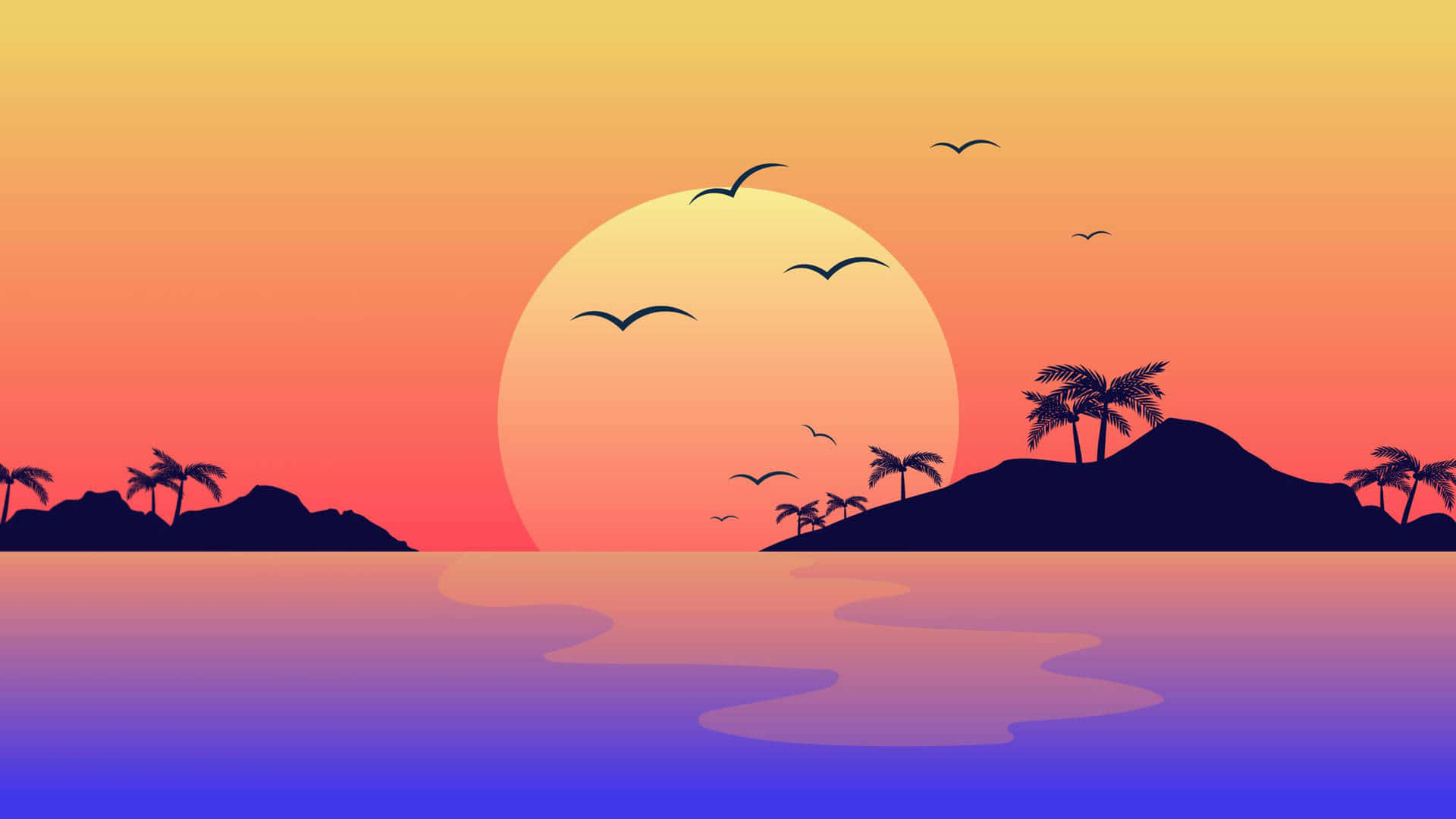 Sonnenuntergang, Insel, Palmen, Vögel, Flat Design, Orange, Full HD, Desktop-Hintergrund