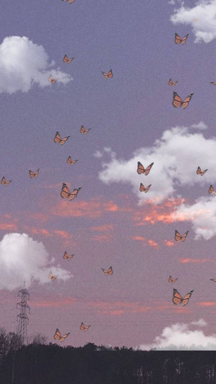 Schmetterlinge, Wolken, Strommast, Collage, Pastell, HD, Hintergrundbild fürs Handy