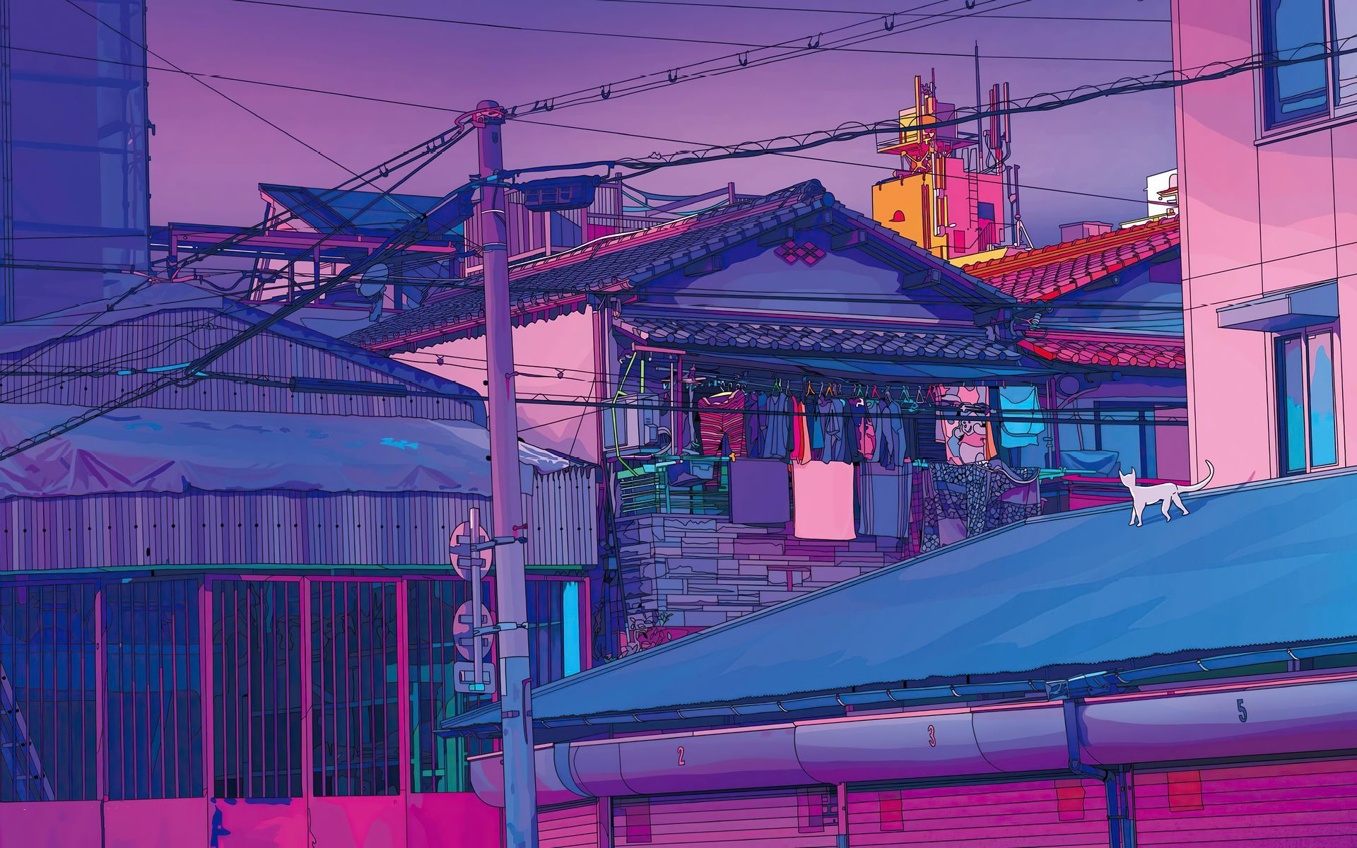 Häuser, Japan, Dächer, Katze, Anime-Stil, 16:10, Full-HD-Hintergrundbild für den Desktop