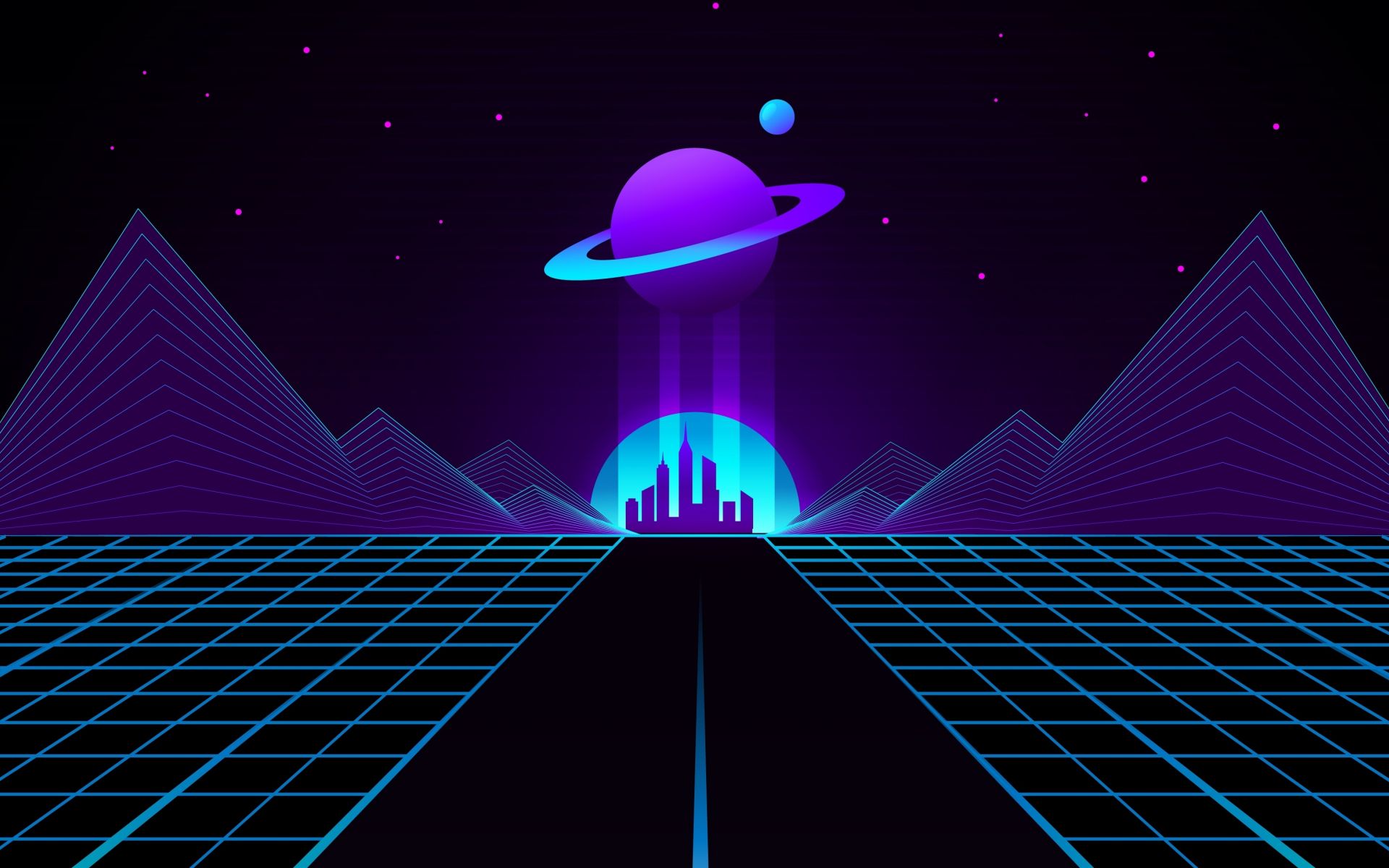 Planet, Synthwave, Gitter, Berge, Neon, Lila, 16:10, Full-HD-Hintergrundbild für den Desktop
