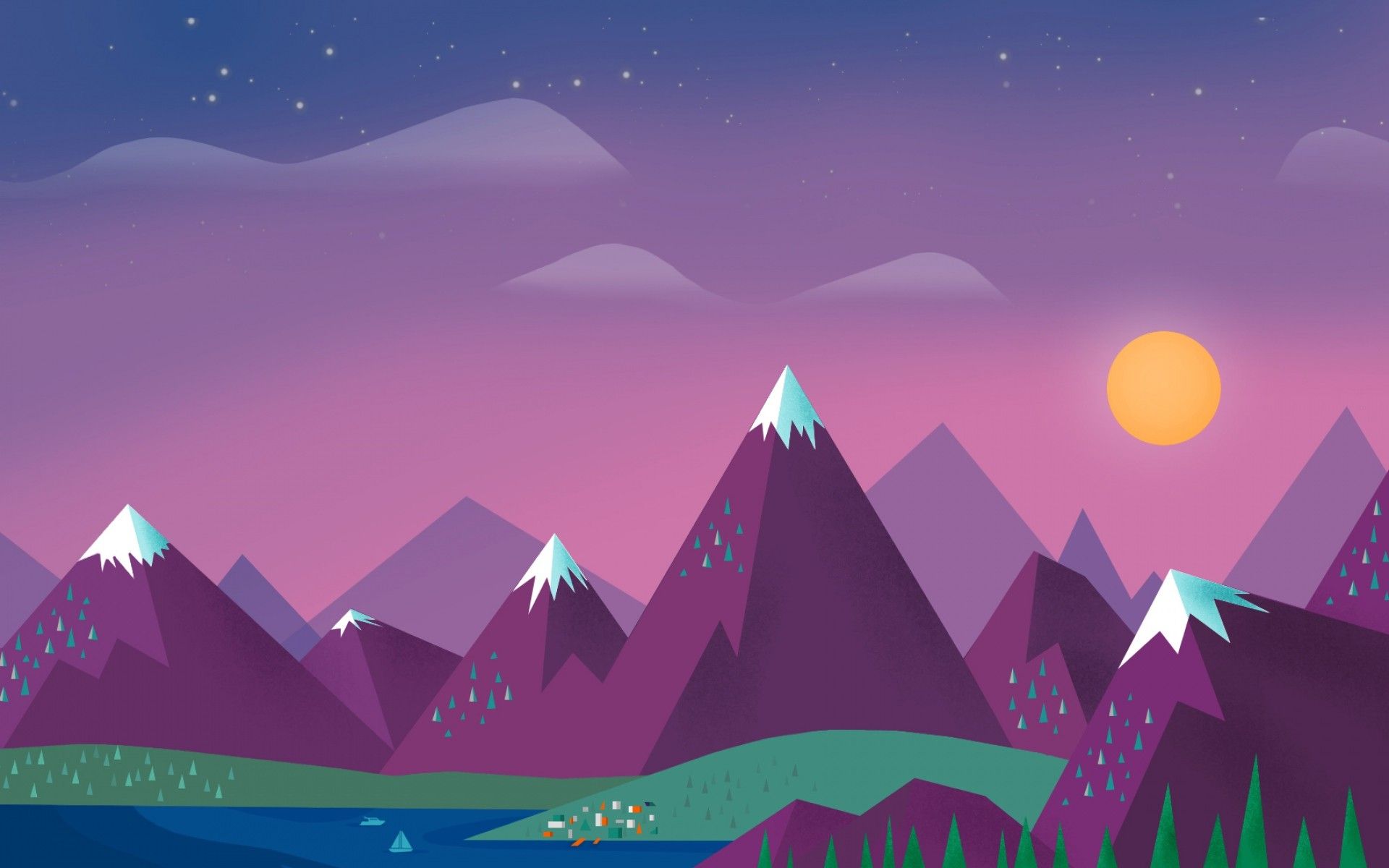 Berge, Sonne, Flachdesign, Pink, Minimalistisch, 16:10, Full-HD-Hintergrundbild für den Desktop
