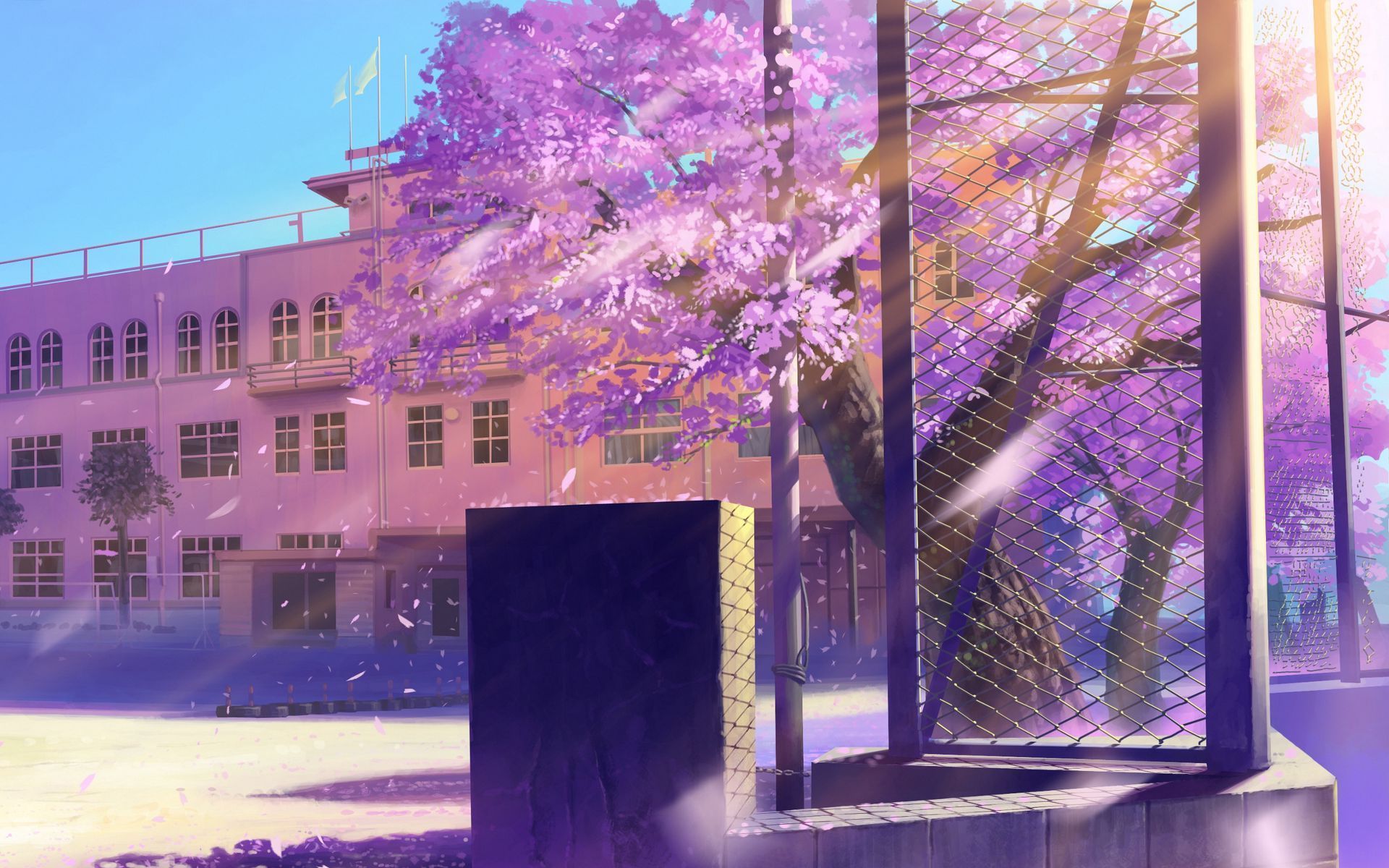Kirschblüten, Schule, Anime-Stil, Frühling, Sonnenlicht, Full-HD-Hintergrundbild für PC