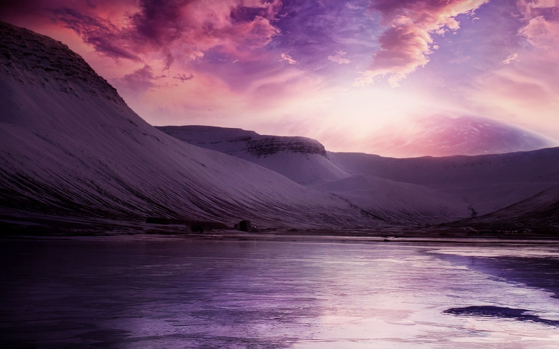 Berge, See, Sonnenuntergang, Lila Himmel, Wolken, 16:10, Full-HD-Hintergrundbild für den Desktop