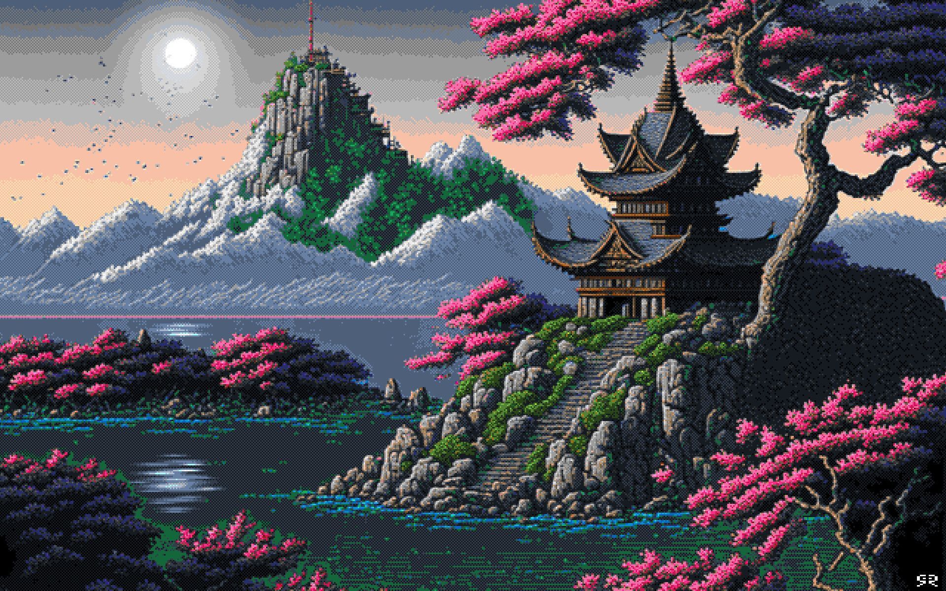 Pagode, Pixel-Art, Berge, Kirschblüten, Asiatisch, Full HD, Desktop-Hintergrund für Windows