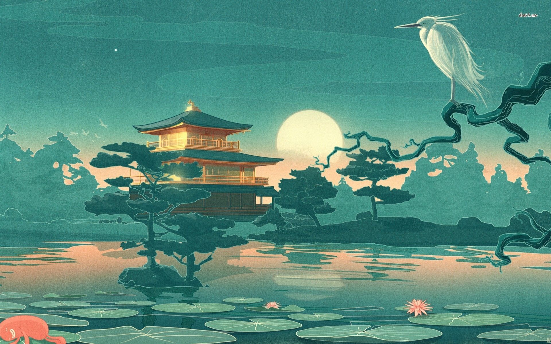 Pagode, Reiher, Mond, See, Illustration, 16:10, Full-HD-Hintergrundbild für den Desktop