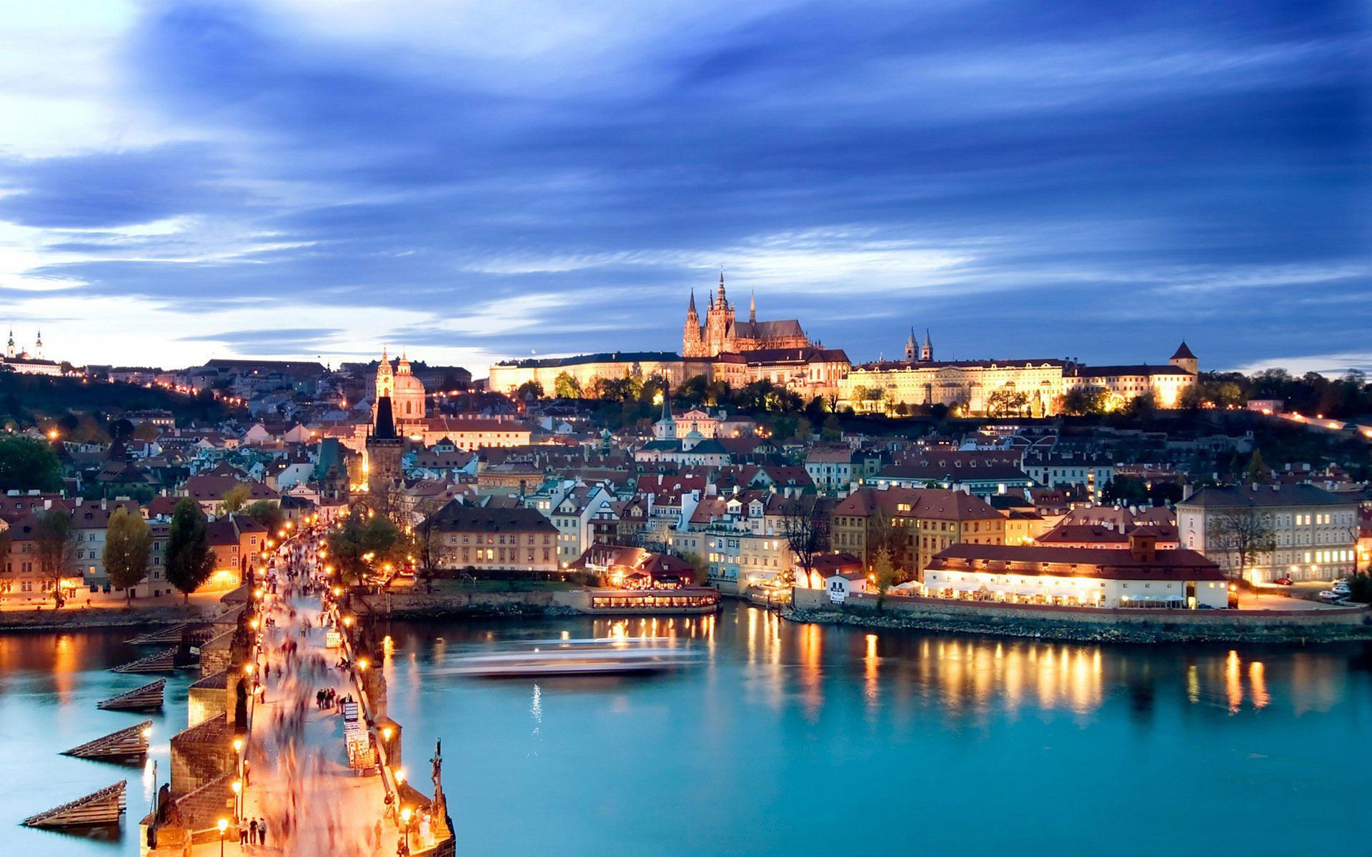 Prag, Karlsbrücke, Prager Burg, Moldau, Abenddämmerung, Stadt, Full HD, MacBook-Hintergrundbild