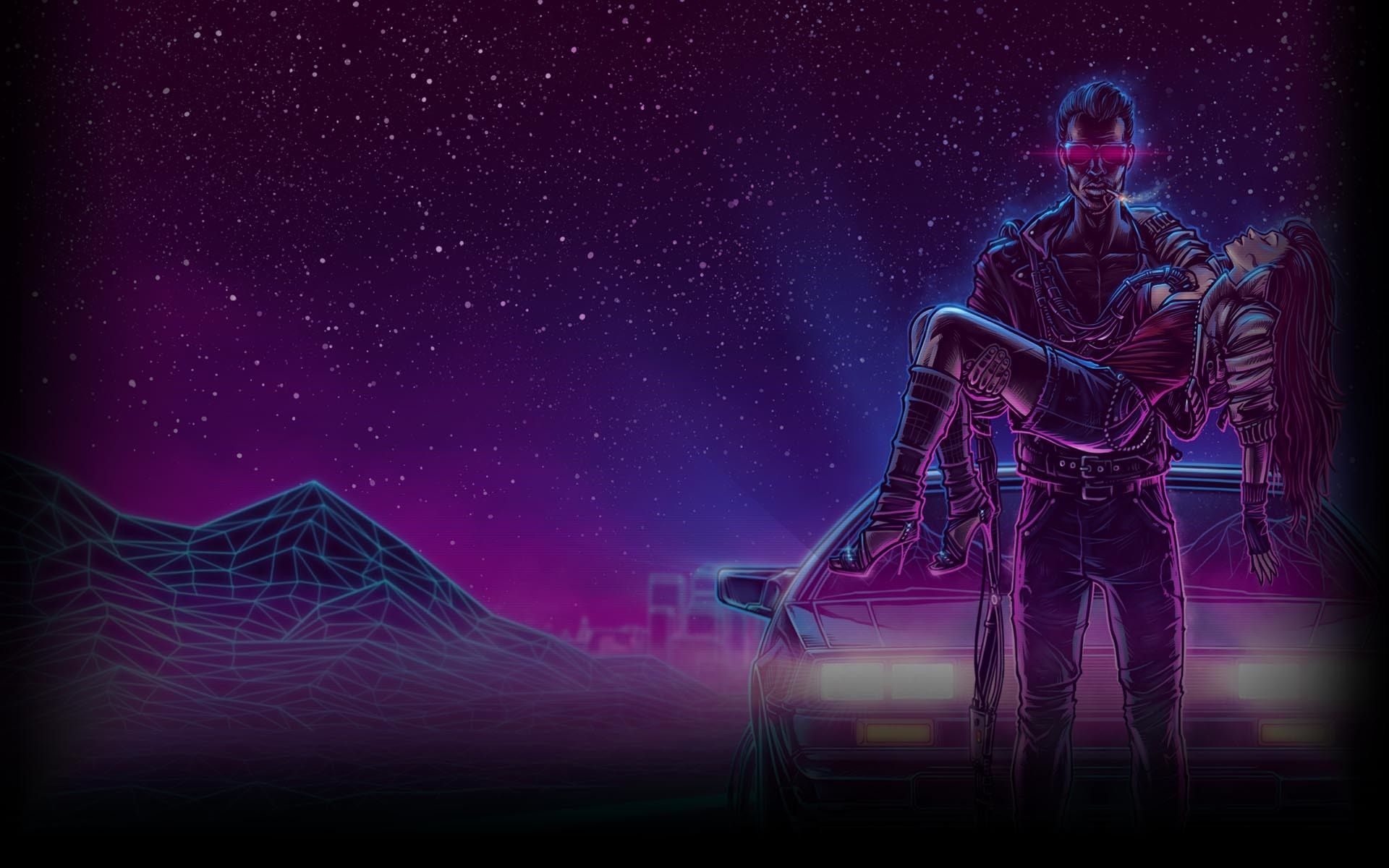Neon-Figuren, Silhouette, Berge, Sternenhimmel, Lila, 16:10, Full-HD-Hintergrundbild für den Desktop