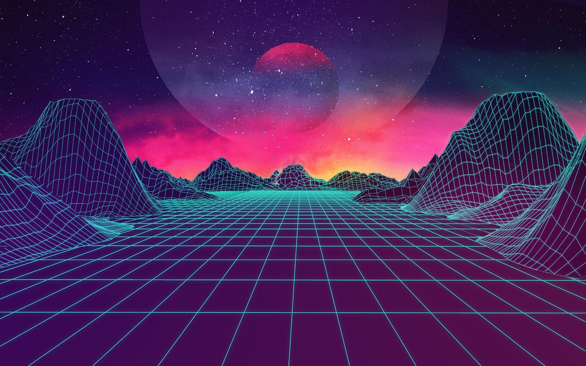 Synthwave, Wireframe-Berge, Gitter, Planet, Sternenhimmel, Retro, Full HD, PC-Hintergrundbild