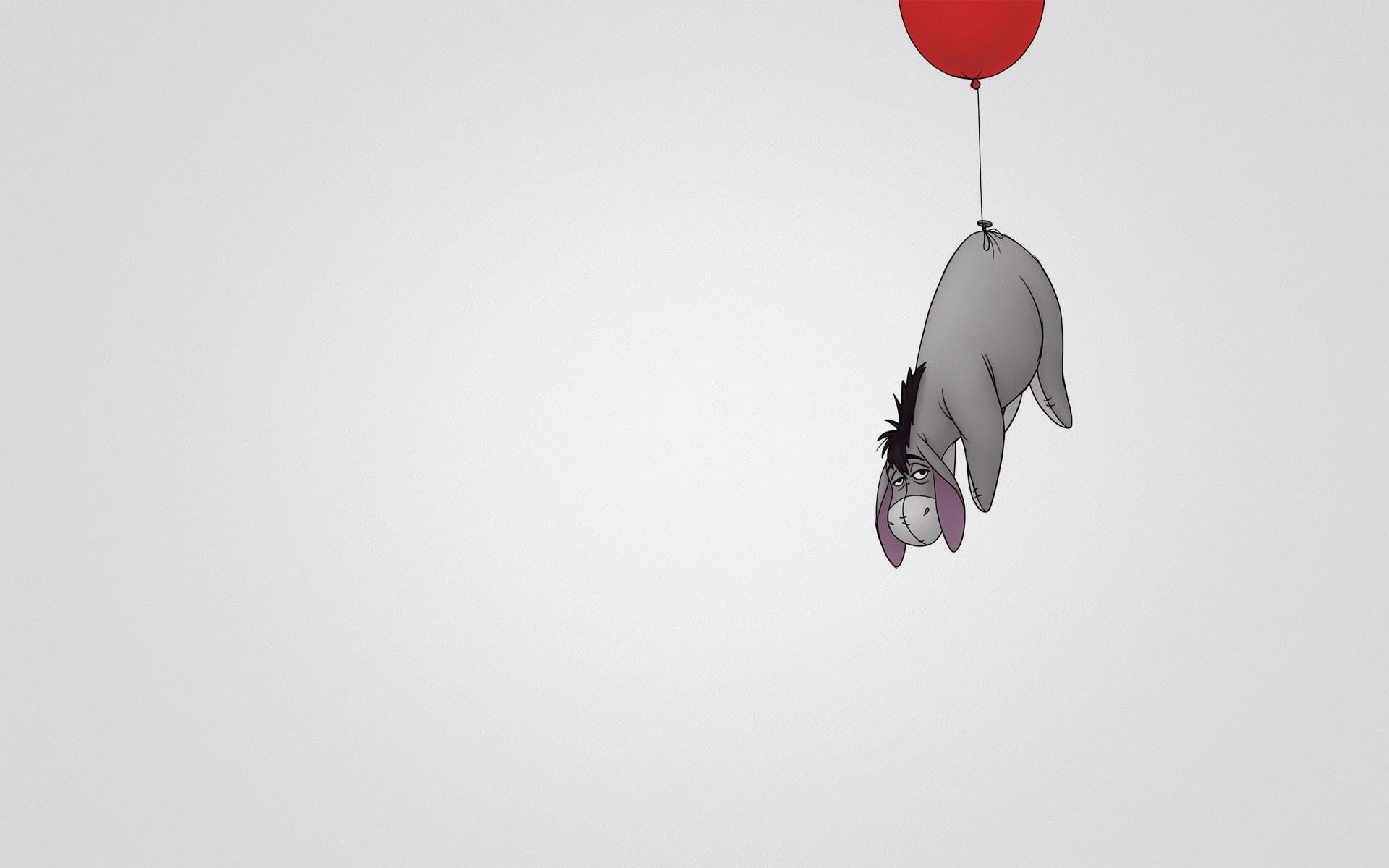 I-Aah, Winnie Puuh, Disney, Roter Luftballon, Grauer Hintergrund, Minimalistisch, Full HD Wallpaper