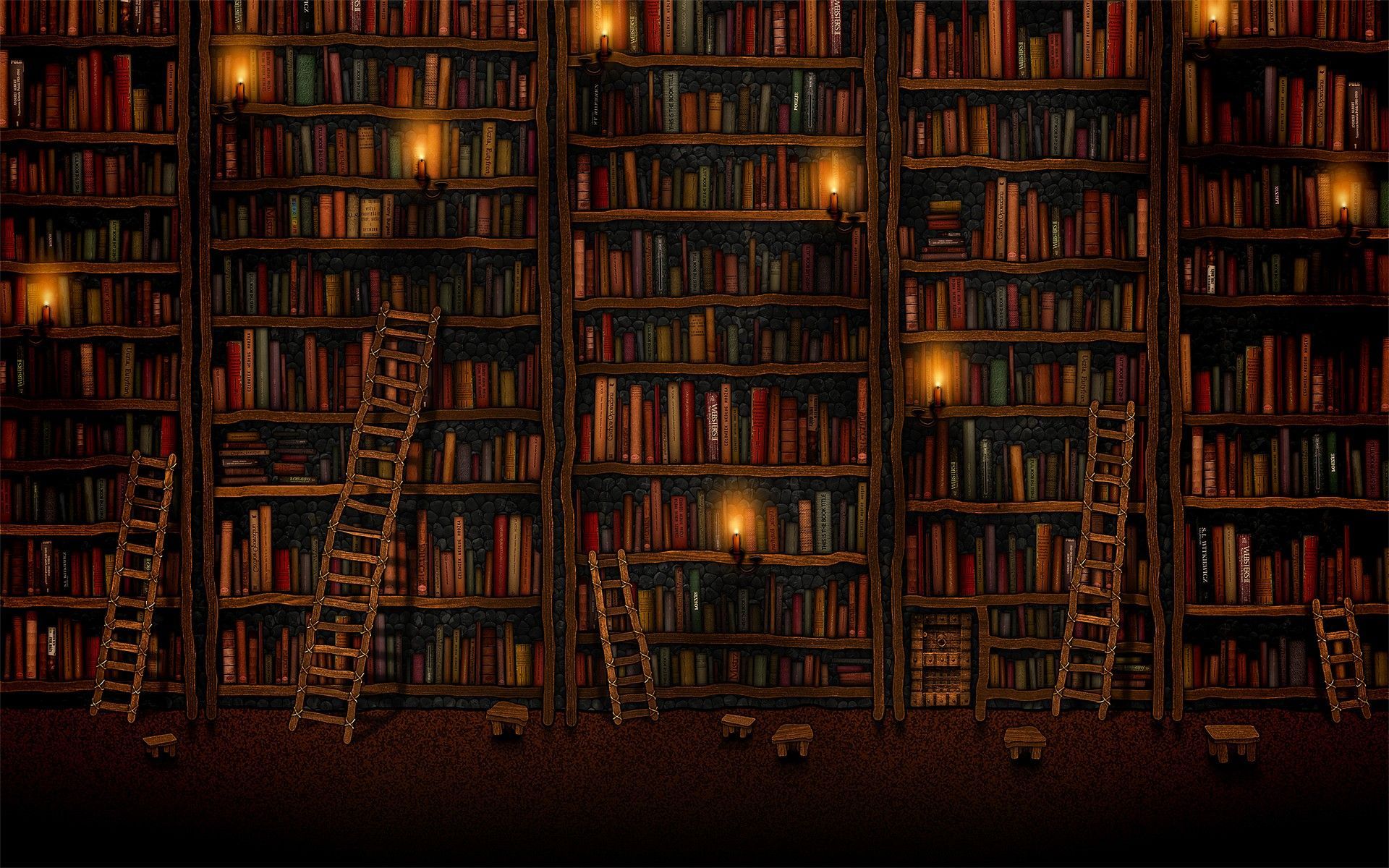 Bibliothek, Bücherregale, Leitern, Kerzen, Gemütlich, Fantasy, Full HD, Laptop-Hintergrundbild