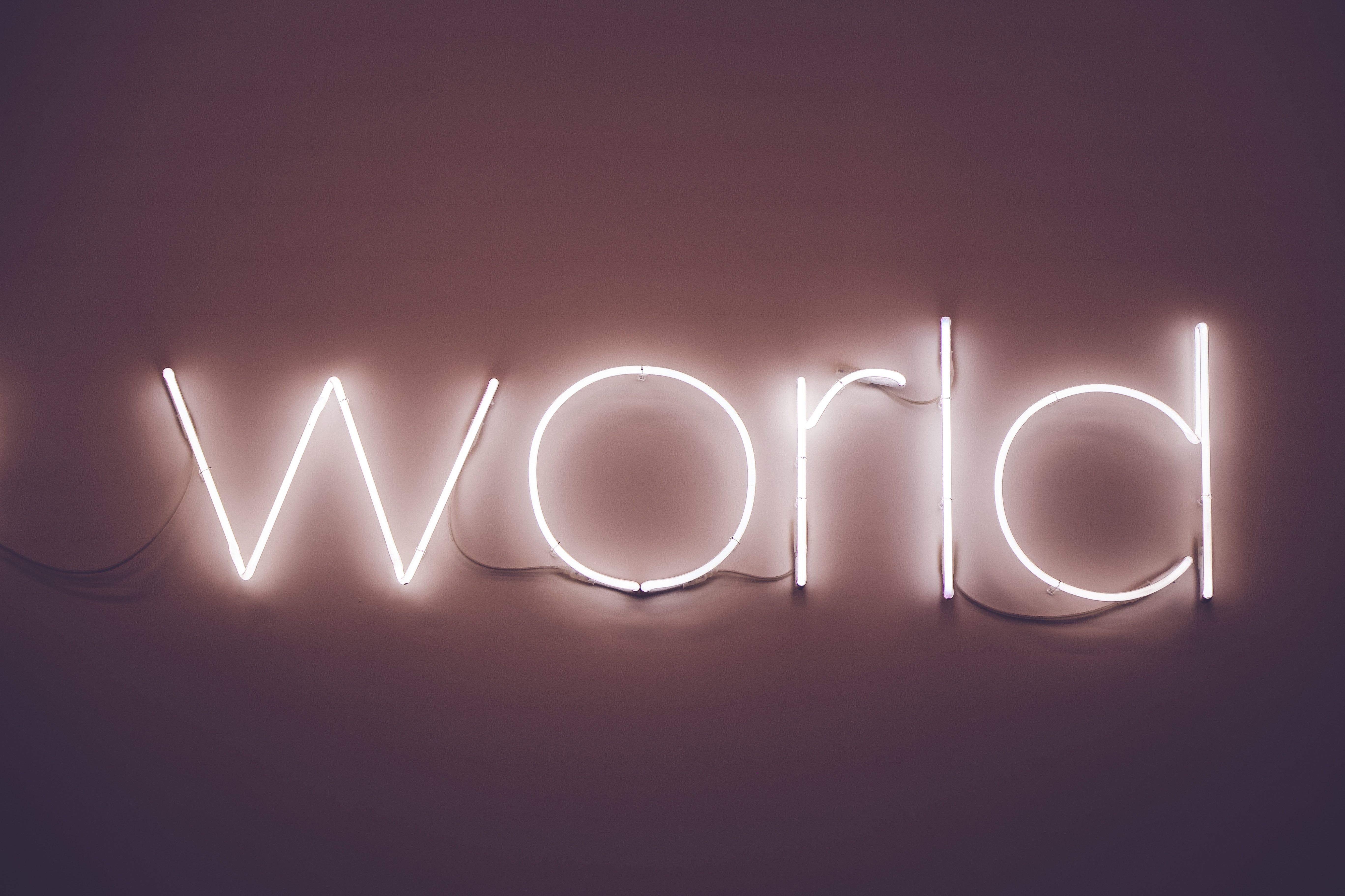 World, Neonschrift, Leuchtschrift, Typografie, 5K, Hintergrundbild für den PC