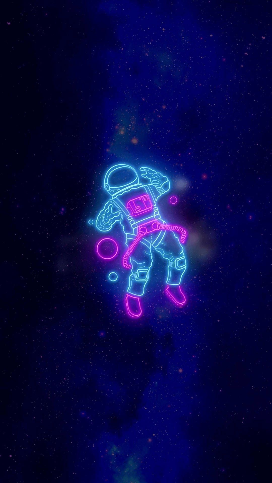 Astronaut, Neonlinien, Weltall, Sterne, Pink, Dunkelblau, Full HD, iPhone-Hintergrundbild