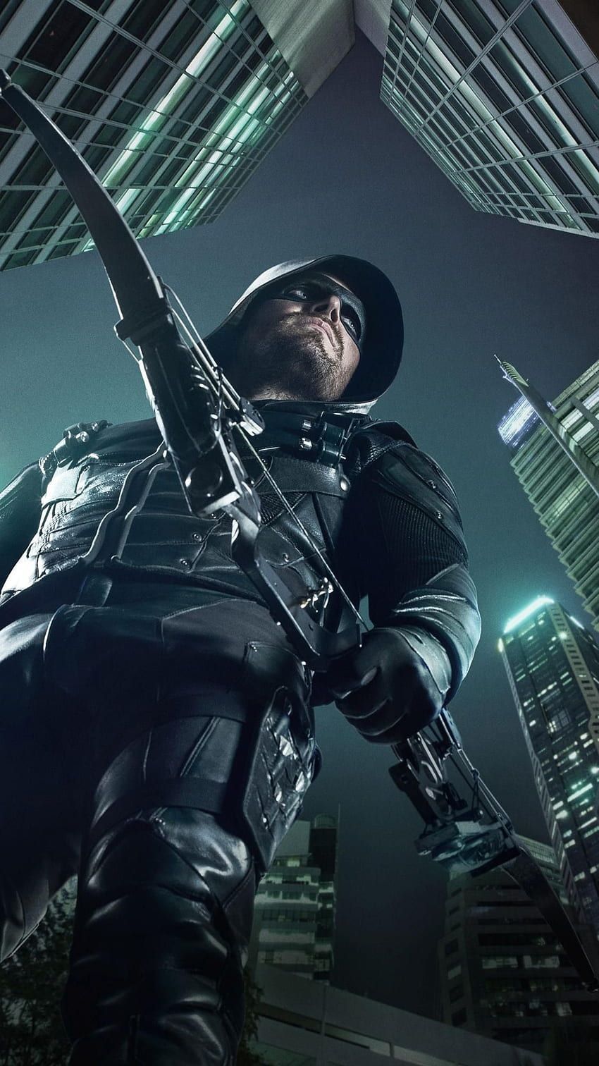 Green Arrow, Arrow, Bogen, Untersicht, Hochhäuser, HD, Handy-Hintergrund im Hochformat