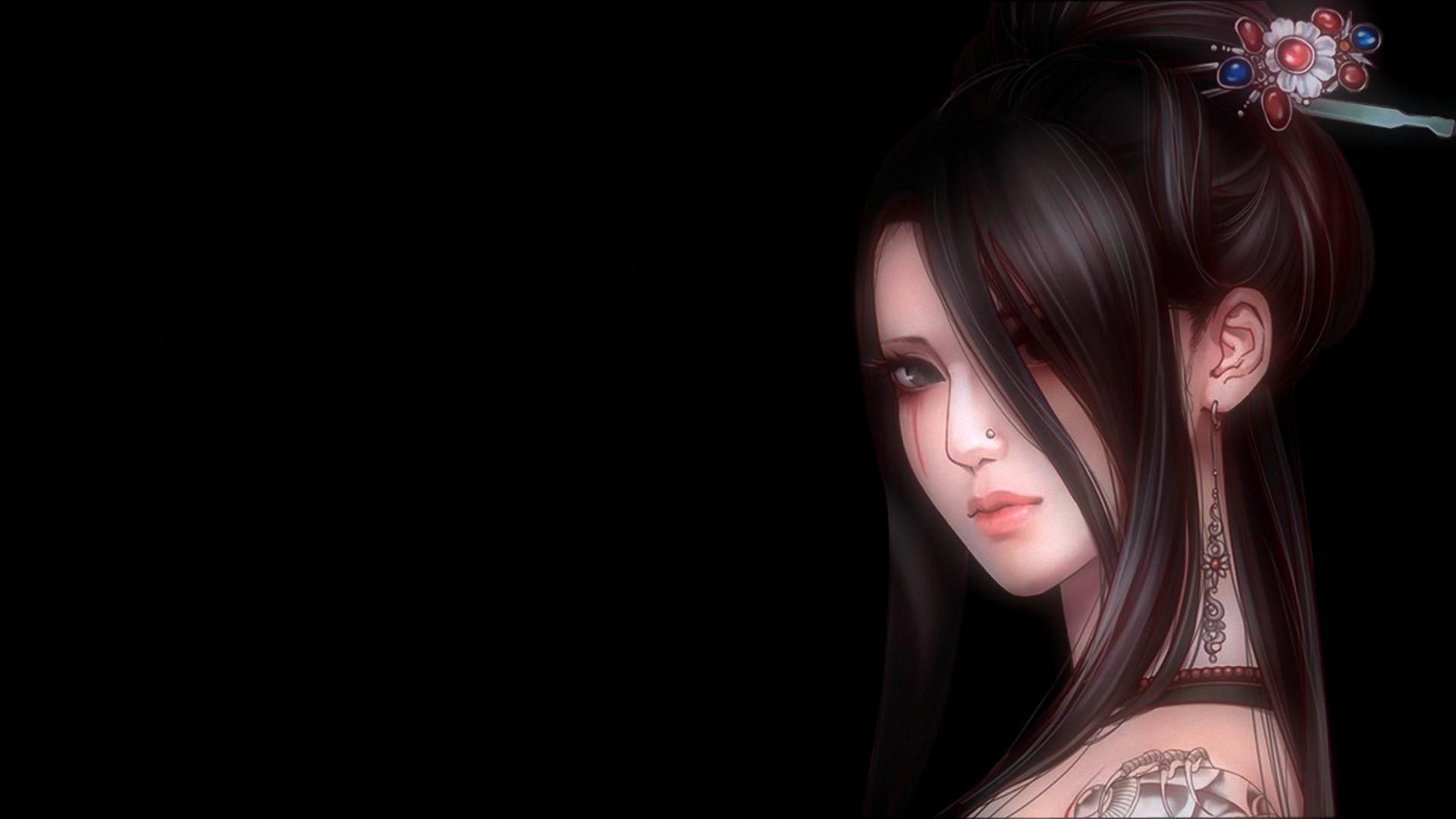 3D-Figur, Haarnadel, Asiatischer Stil, Schwarzer Hintergrund, Digitale Kunst, 1080p Wallpaper