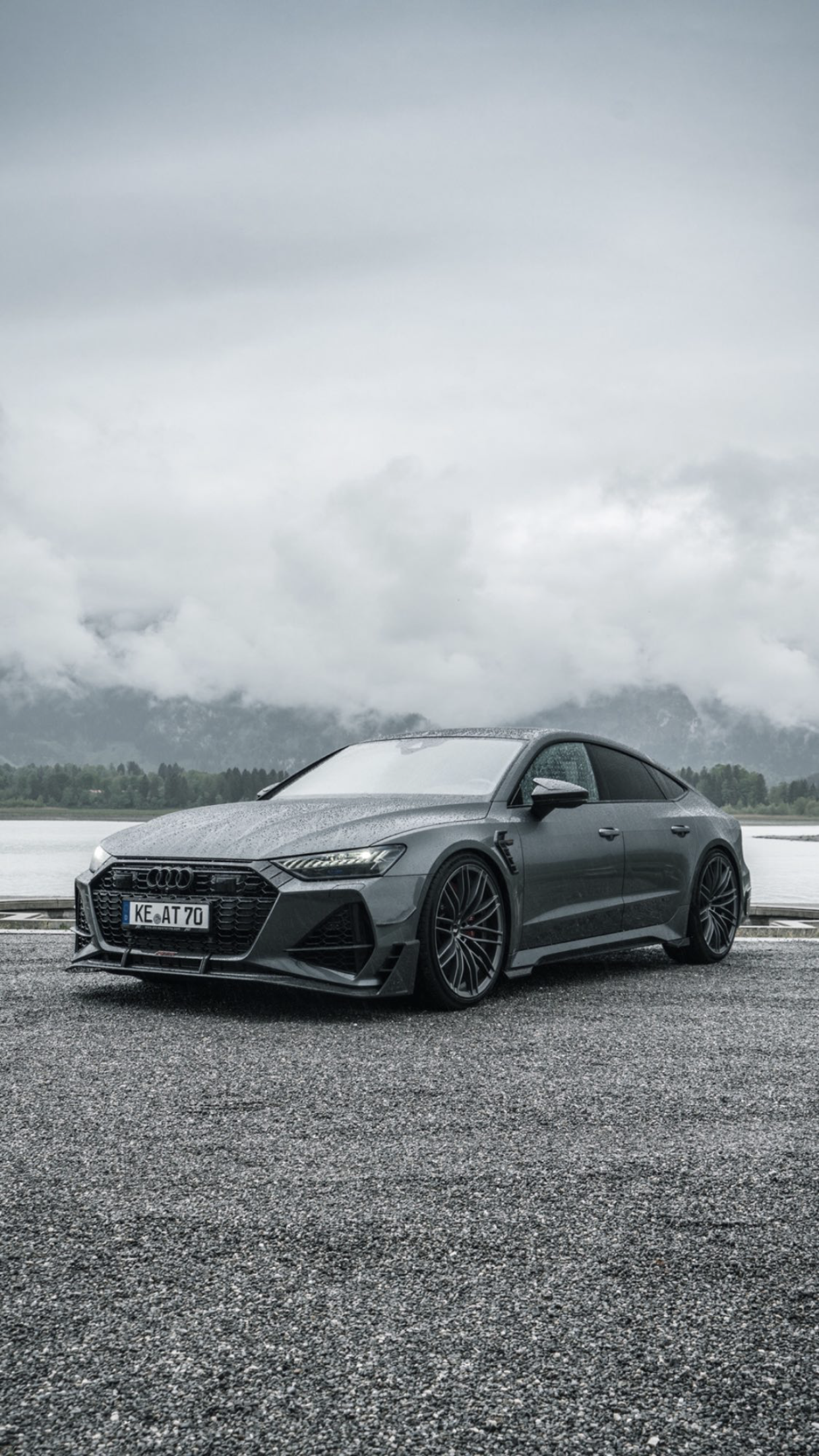Audi RS7, Grau, Bewölkter Himmel, Nebel, Frontansicht, Hintergrundbild für iPhone und Android