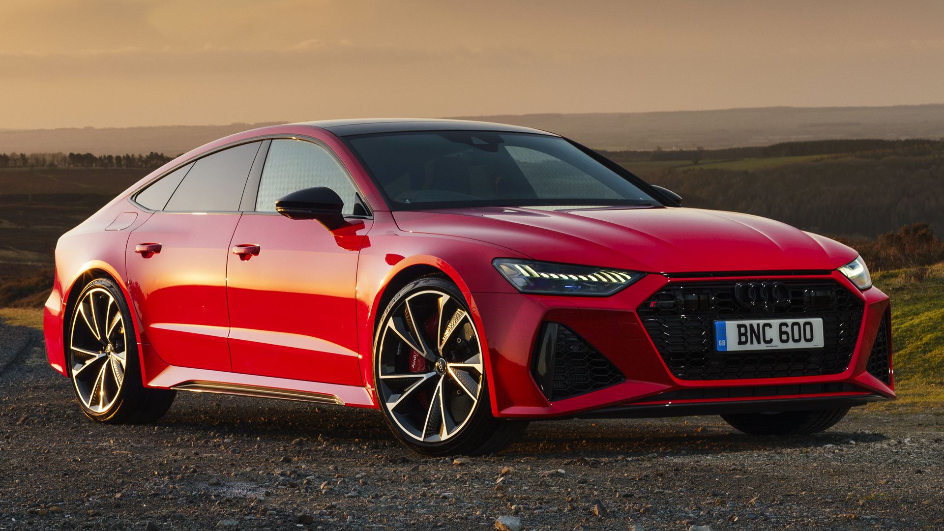 Audi RS7 Sportback, Rot, Dämmerung, Dreiviertelansicht, Hügel, Full HD, PC-Hintergrundbild