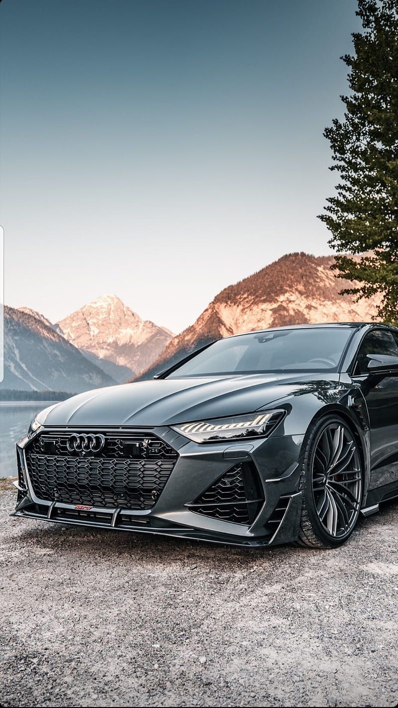Audi RS7, Grau, Berge, Schneegipfel, Frontansicht, HD, Hintergrundbild fürs Handy