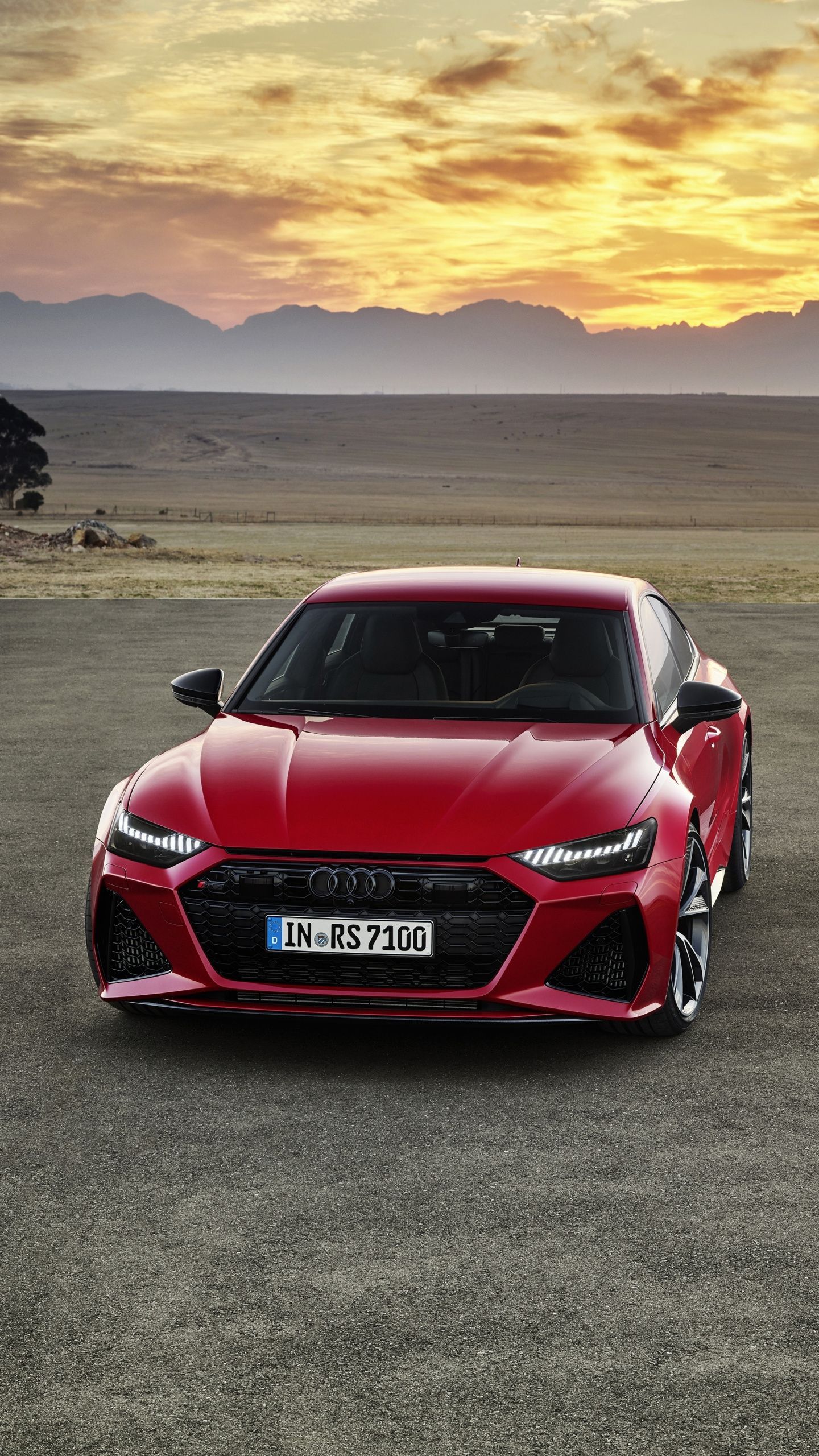 Audi RS7, Rot, Wolken, Sonnenuntergang, Frontansicht, Hochformat, Hintergrundbild fürs Smartphone