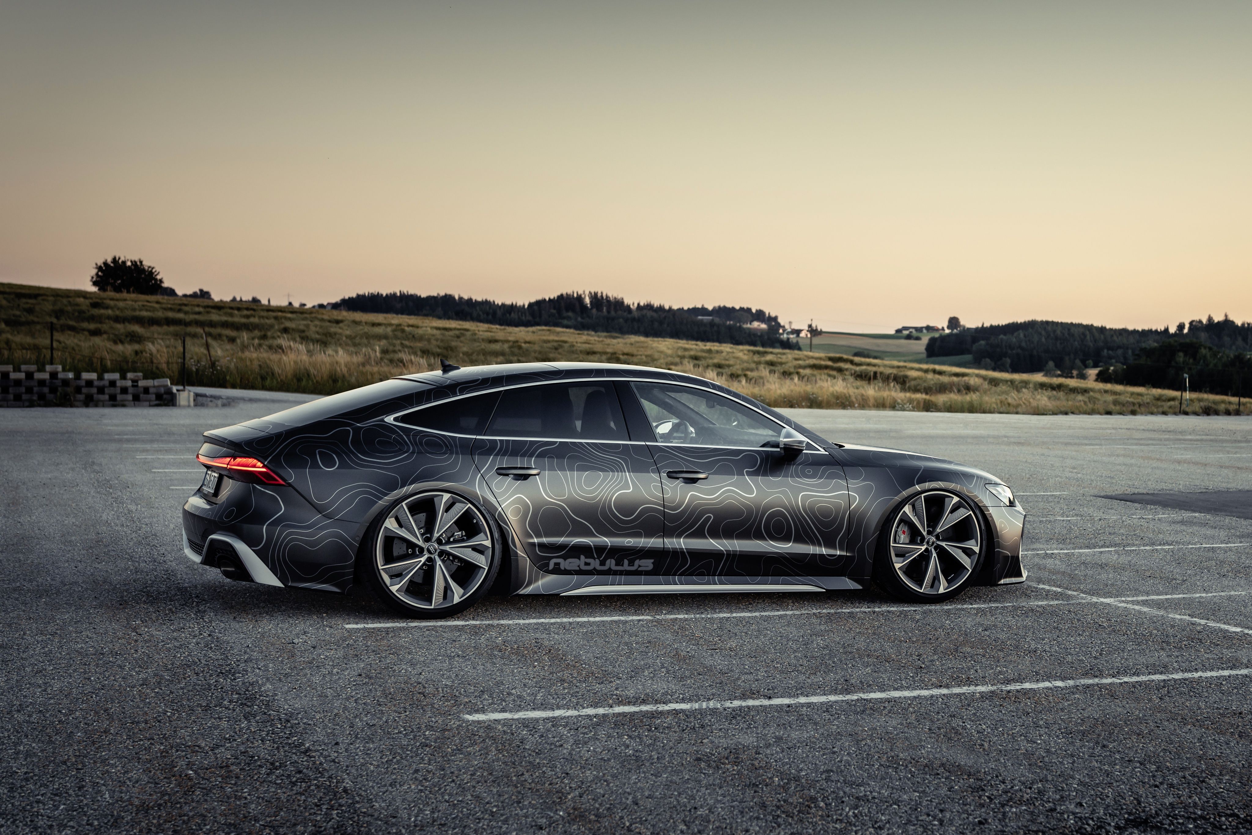 Audi RS7 Sportback, Grau, Seitenansicht, Parkplatz, Dämmerung, 4K, Windows-Hintergrundbild