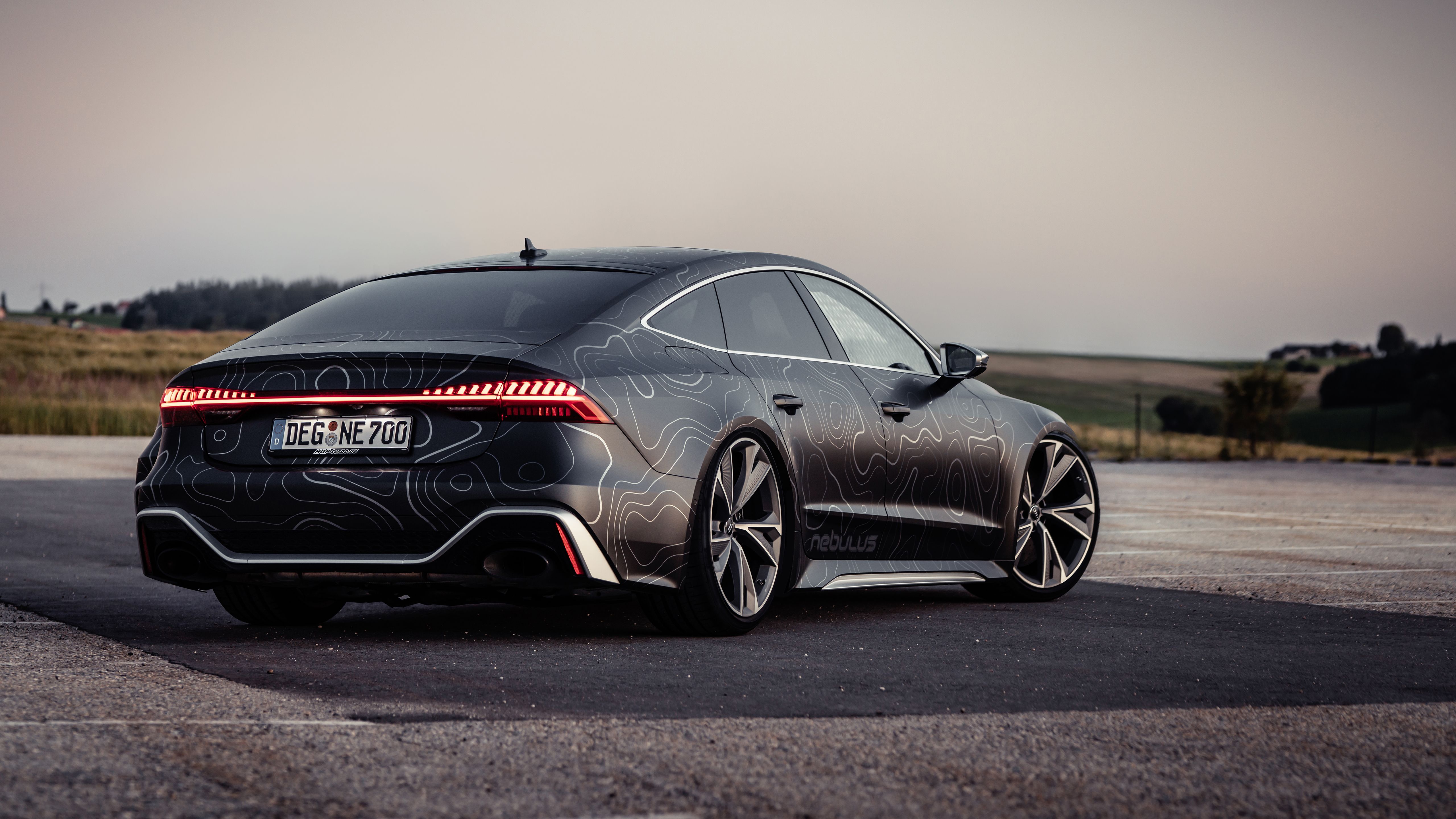 Audi RS7, Heckansicht, LED-Rückleuchten, Grau, Abendhimmel, 5K, Breitbild-Hintergrundbild