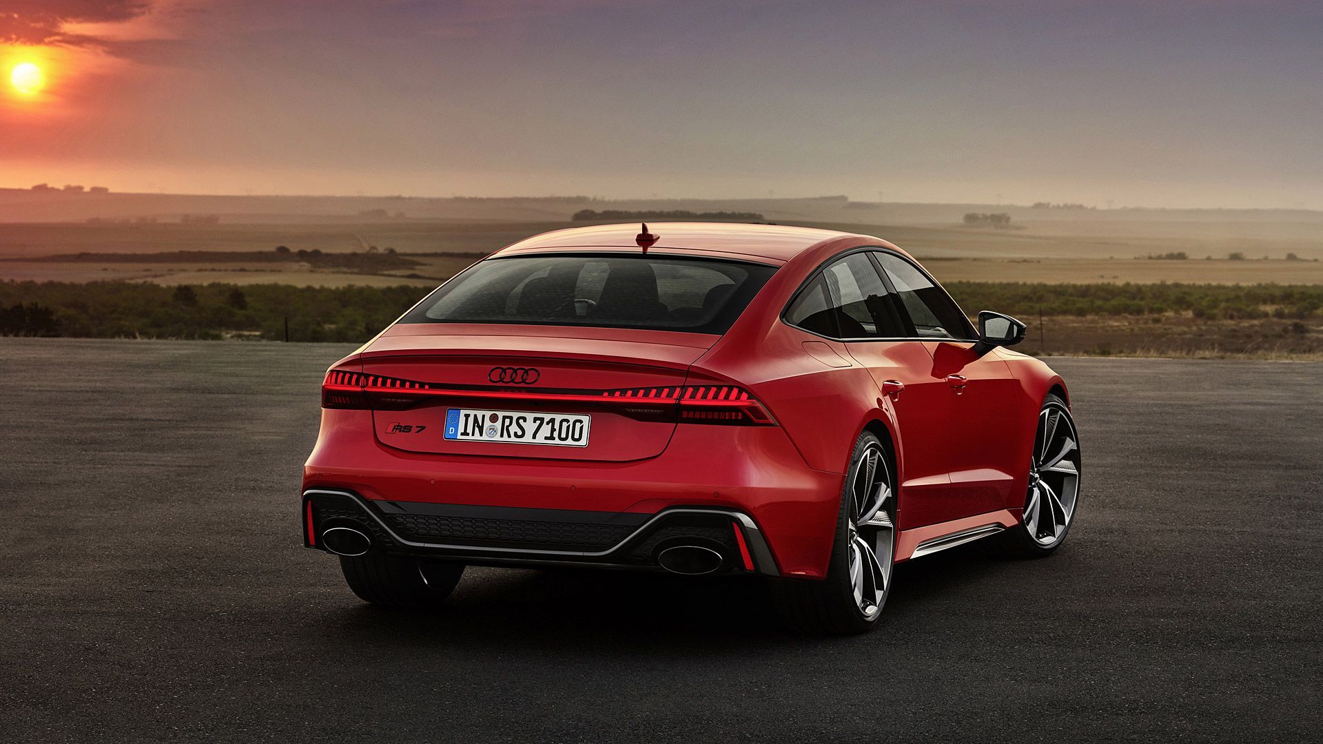 Audi RS7, Rot, Heckansicht, Sonnenuntergang, Weite Ebene, Full HD, Laptop-Hintergrundbild