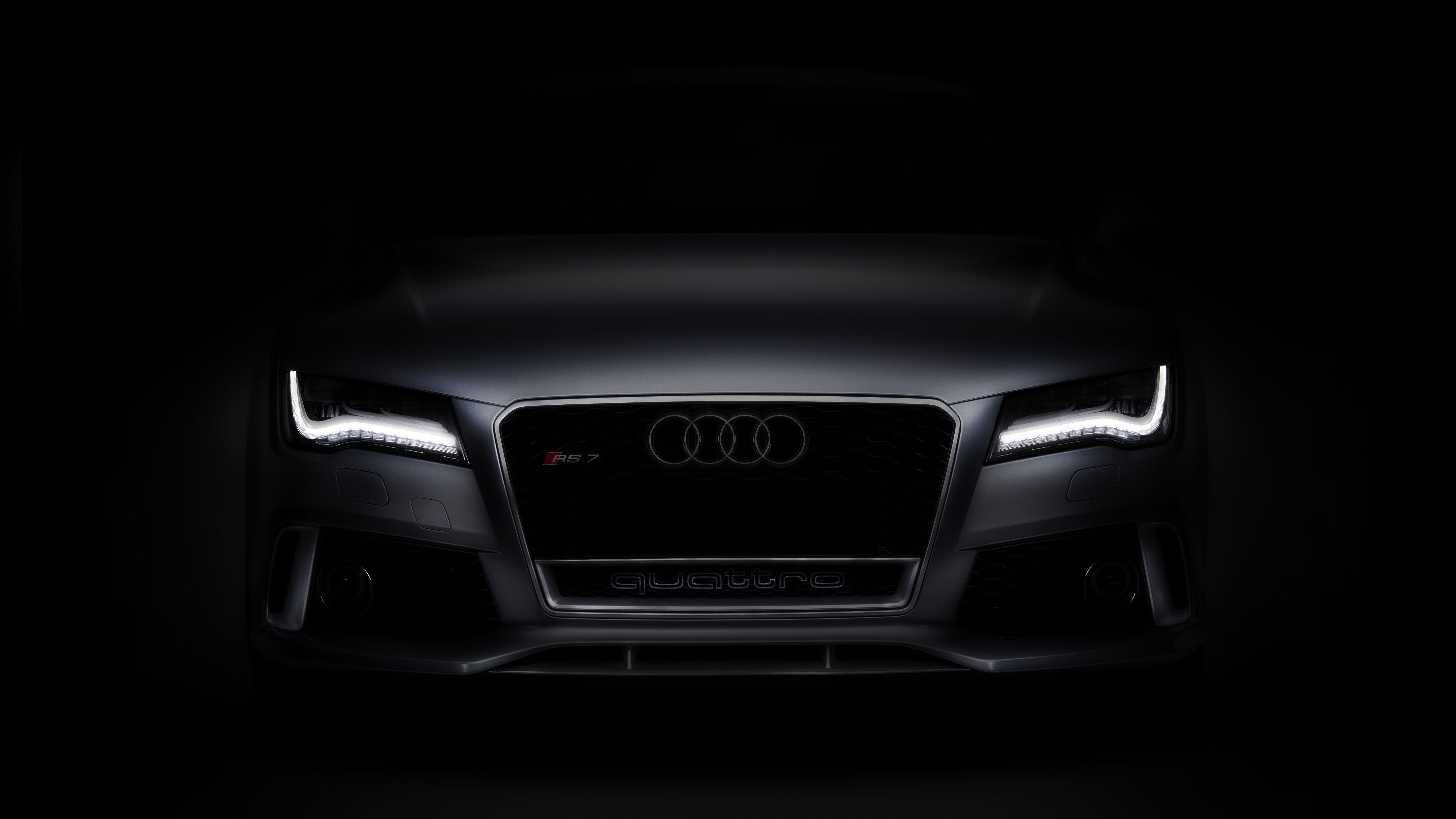 Audi RS7, LED-Scheinwerfer, Kühlergrill, Schwarzer Hintergrund, Minimalismus, 5K Wallpaper