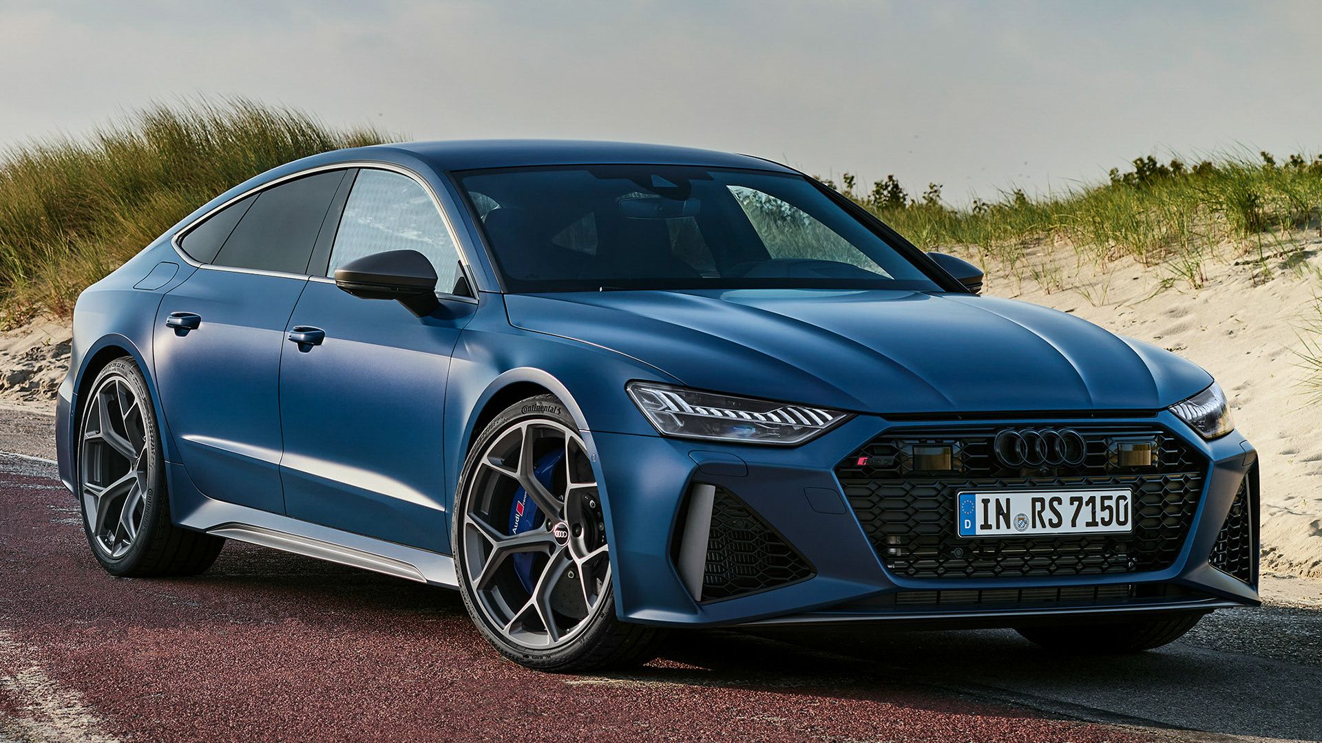 Audi RS7, Mattblau, Dünen, Dreiviertelansicht, Strand, 1920x1080, Full-HD-Hintergrundbild für PC