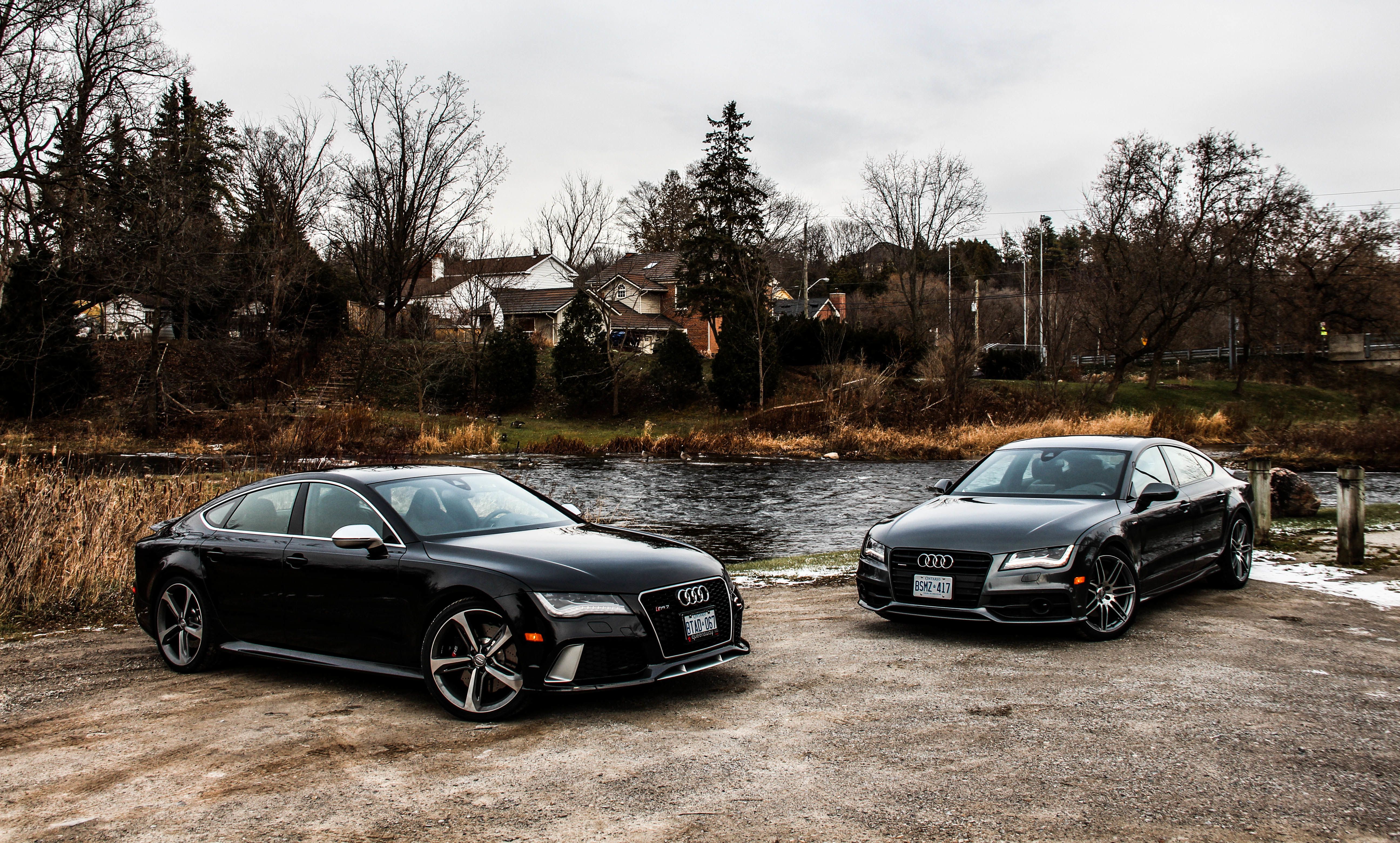 Audi RS7, Zwei Autos, Schwarz, Herbst, Teich, 5K, Desktop-Hintergrund für Windows