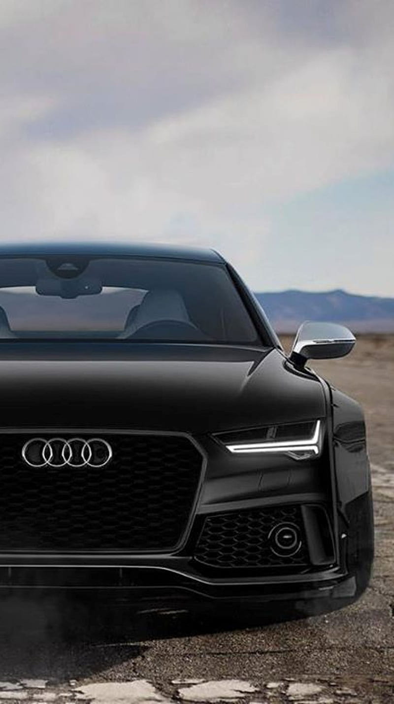 Audi RS7, Schwarz, Frontansicht, Bewölkter Himmel, Detailaufnahme, HD, iPhone-Hintergrundbild