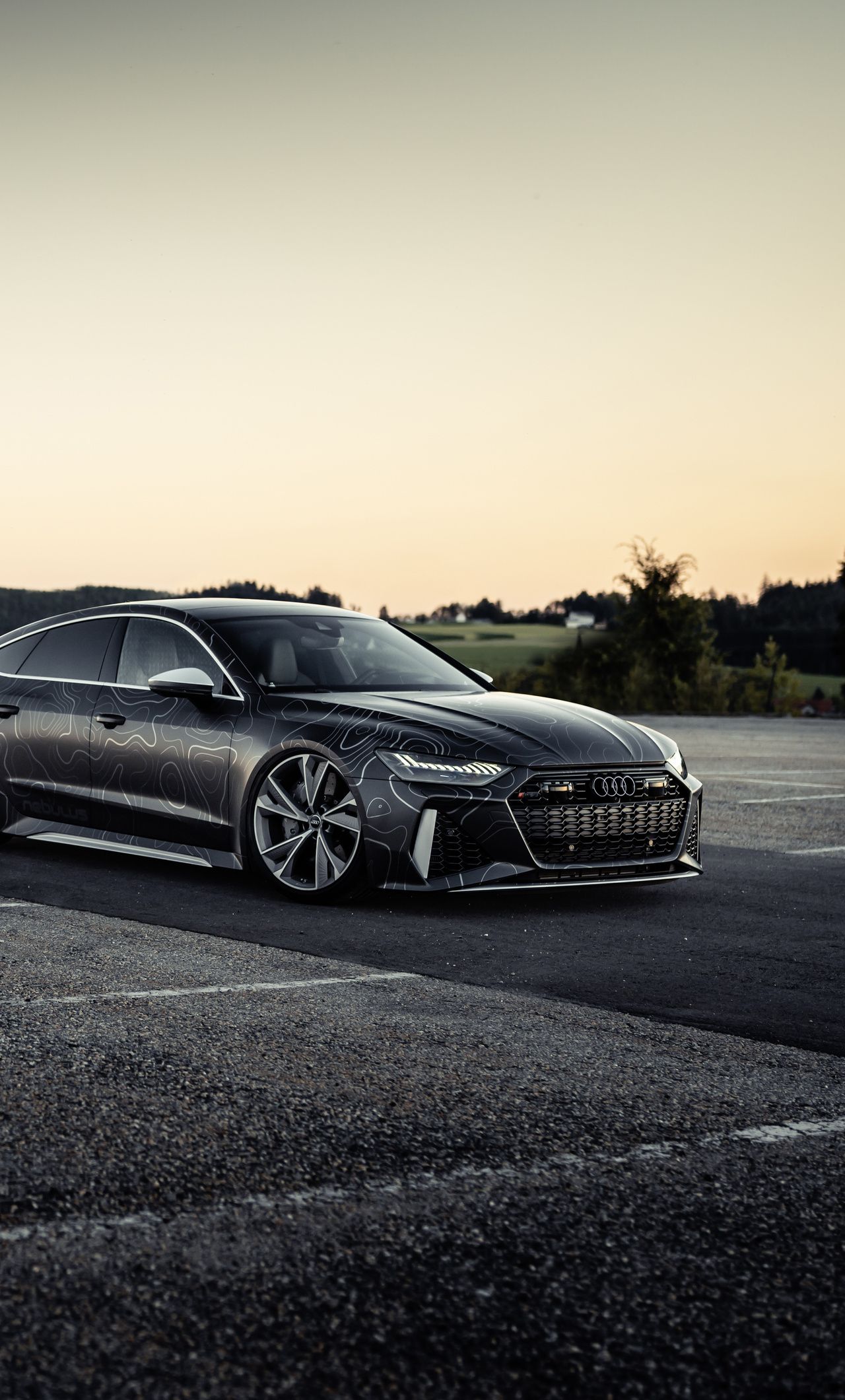 Audi RS7, Grau, Seitenansicht, Abendlicht, Asphalt, Full HD, Sperrbildschirm fürs iPhone