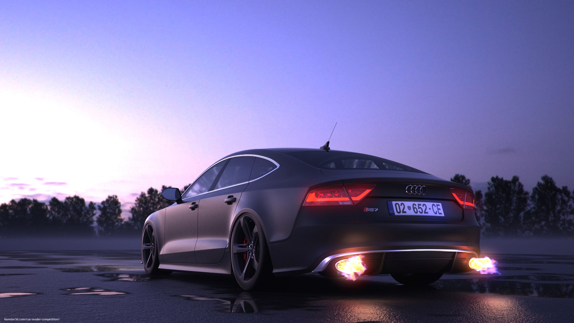 Audi RS7, Flammen aus dem Auspuff, Heckansicht, Lila Himmel, Dämmerung, 1920x1080, PC-Hintergrundbild
