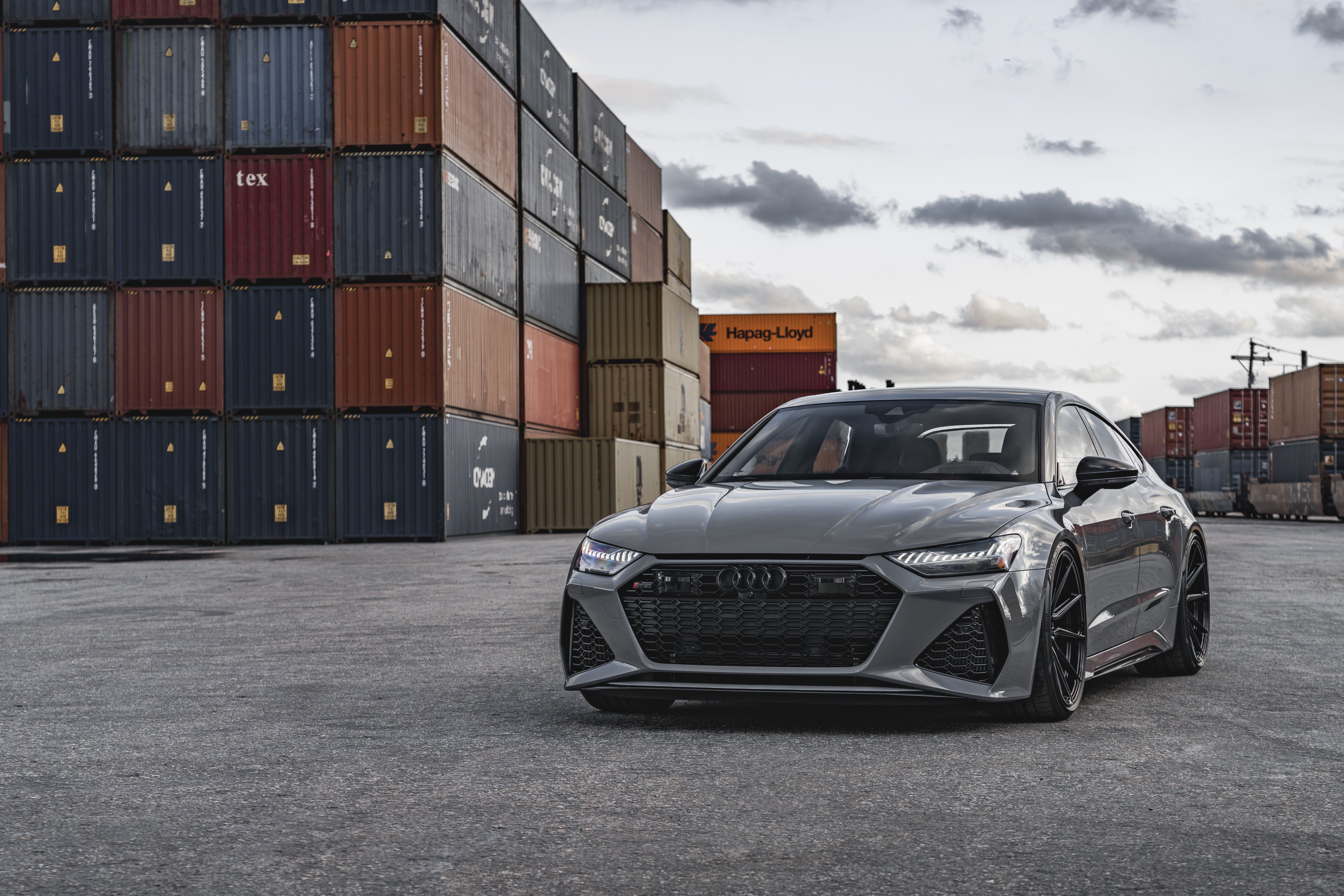Audi RS7, Grau, Container, Hafen, Frontansicht, 6K, Hintergrundbild für den PC
