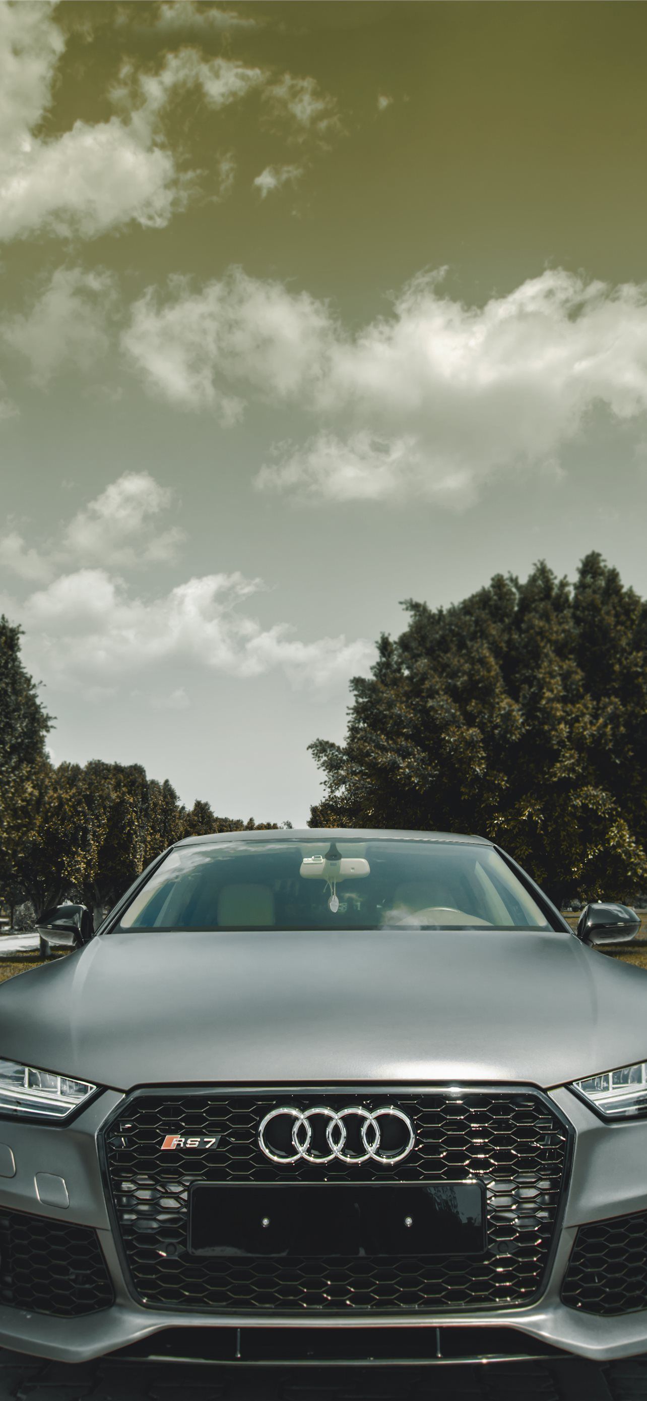 Audi RS7, Grau, Frontansicht, Bewölkter Himmel, Bäume, Hochformat, Hintergrundbild fürs Smartphone
