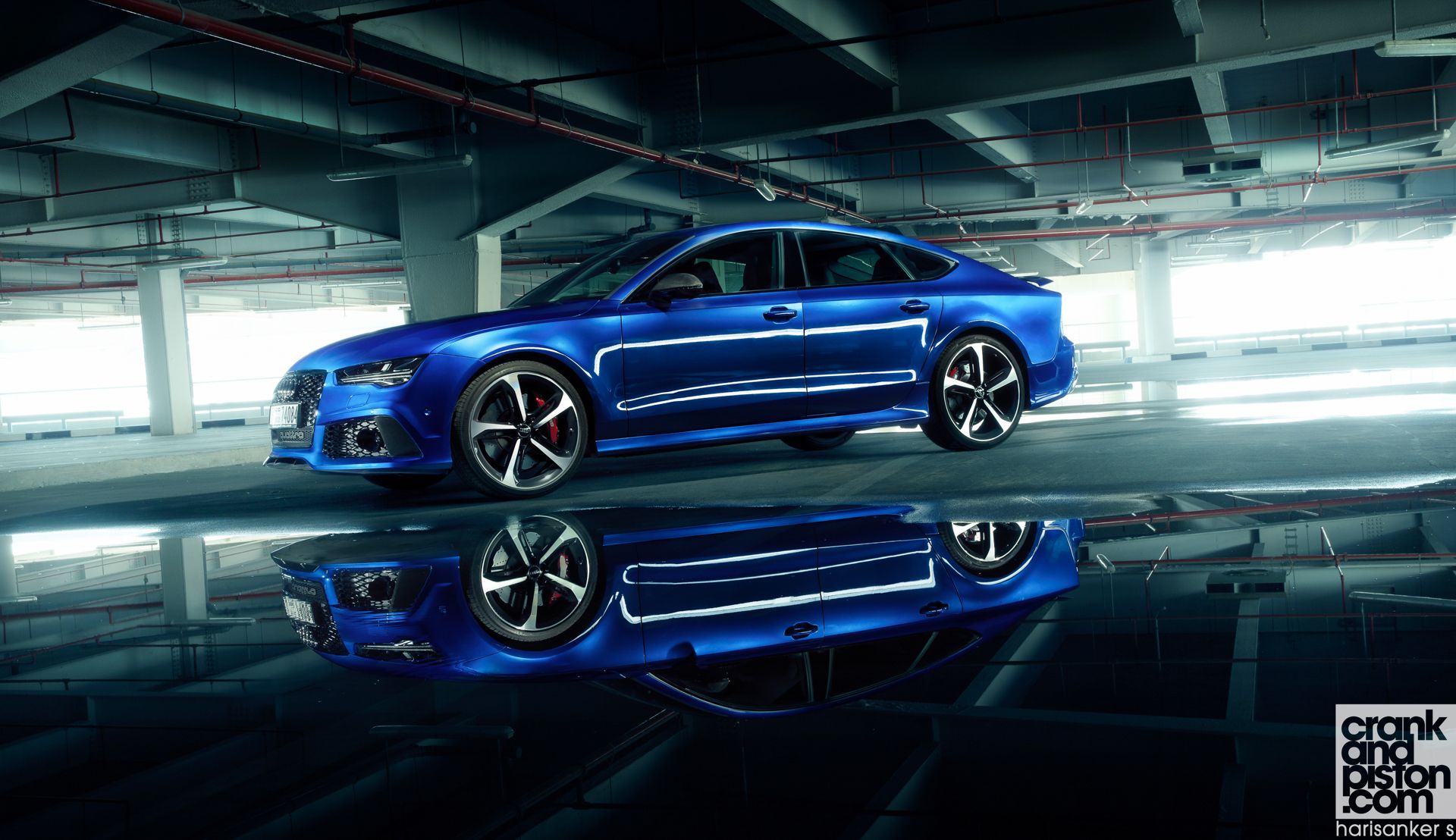 Audi RS7, Blau, Spiegelung, Parkhaus, Seitenansicht, Full HD, Desktop-Hintergrund für Windows