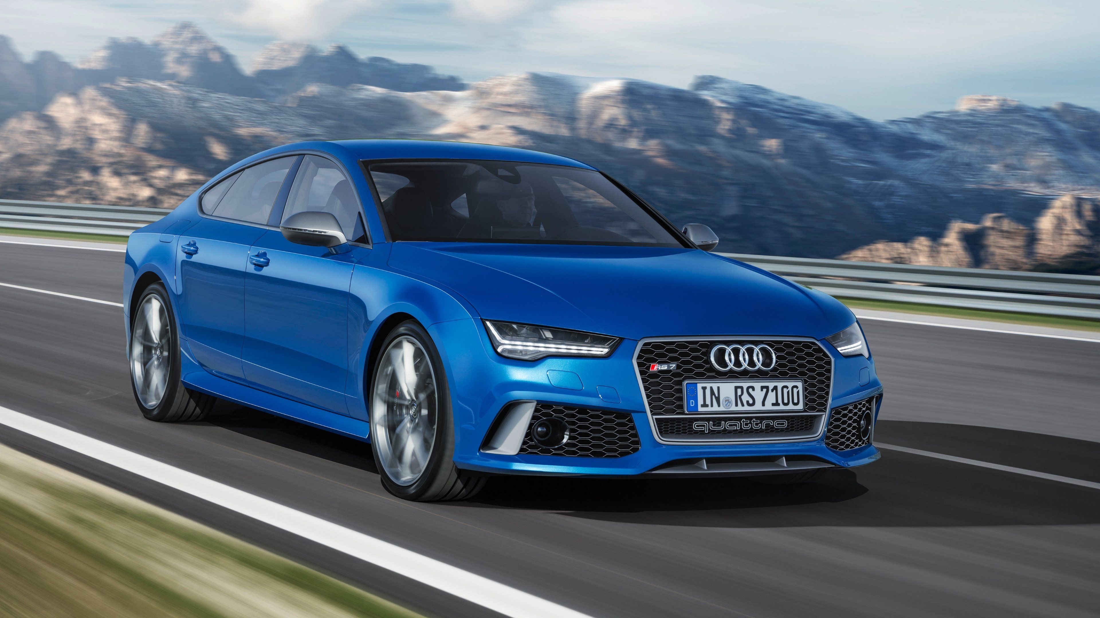 Audi RS7, Blau, Berge, Fahraufnahme, Rennstrecke, 4K, Hintergrundbild für den PC