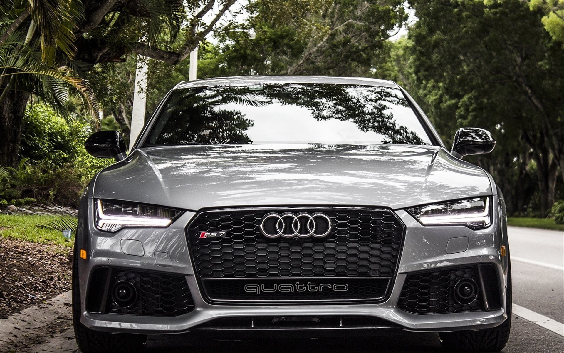 Audi RS7, quattro, Silbergrau, Kühlergrill, Bäume, Full HD, Desktop-Hintergrund für Windows