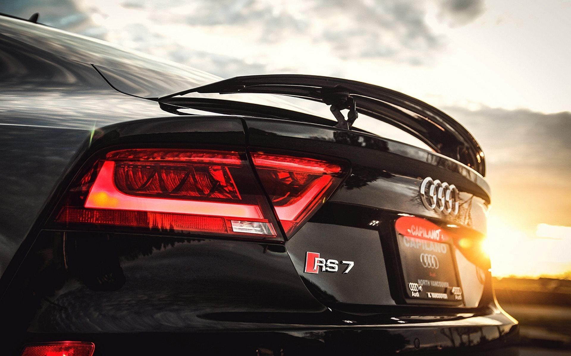 Audi RS7, Heckspoiler, Rückleuchten, Gegenlicht, Schwarz, Full HD, Windows-Hintergrundbild