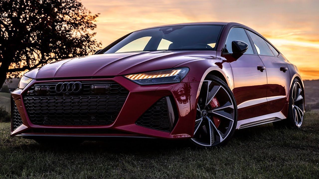 Audi RS7, Rot, Sonnenuntergang, Dreiviertelansicht, Bäume, HD, Laptop-Hintergrundbild