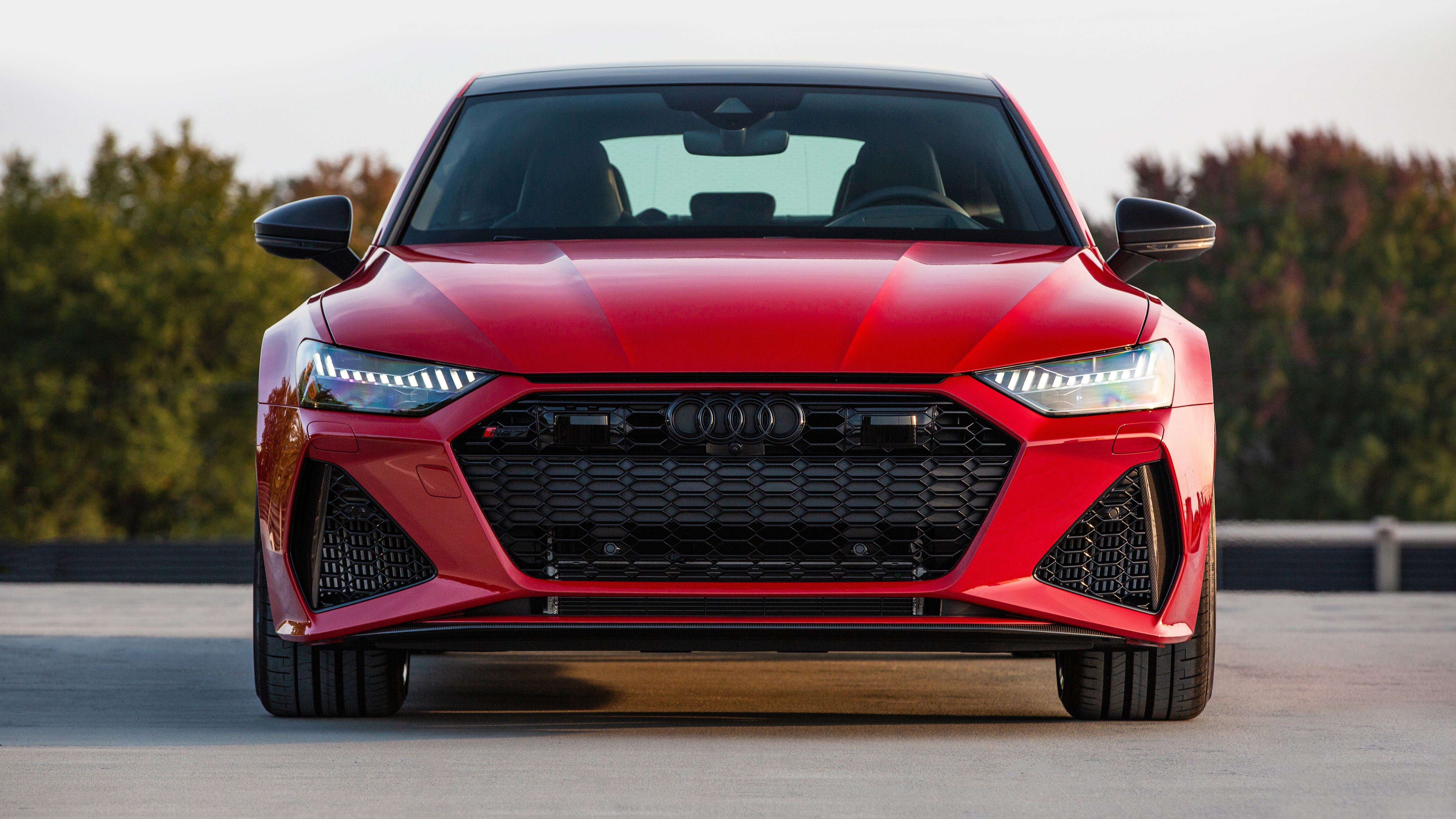 Audi RS7 Sportback, Rot, Frontansicht, Parkplatz, Bäume, 5K, Windows-Hintergrundbild