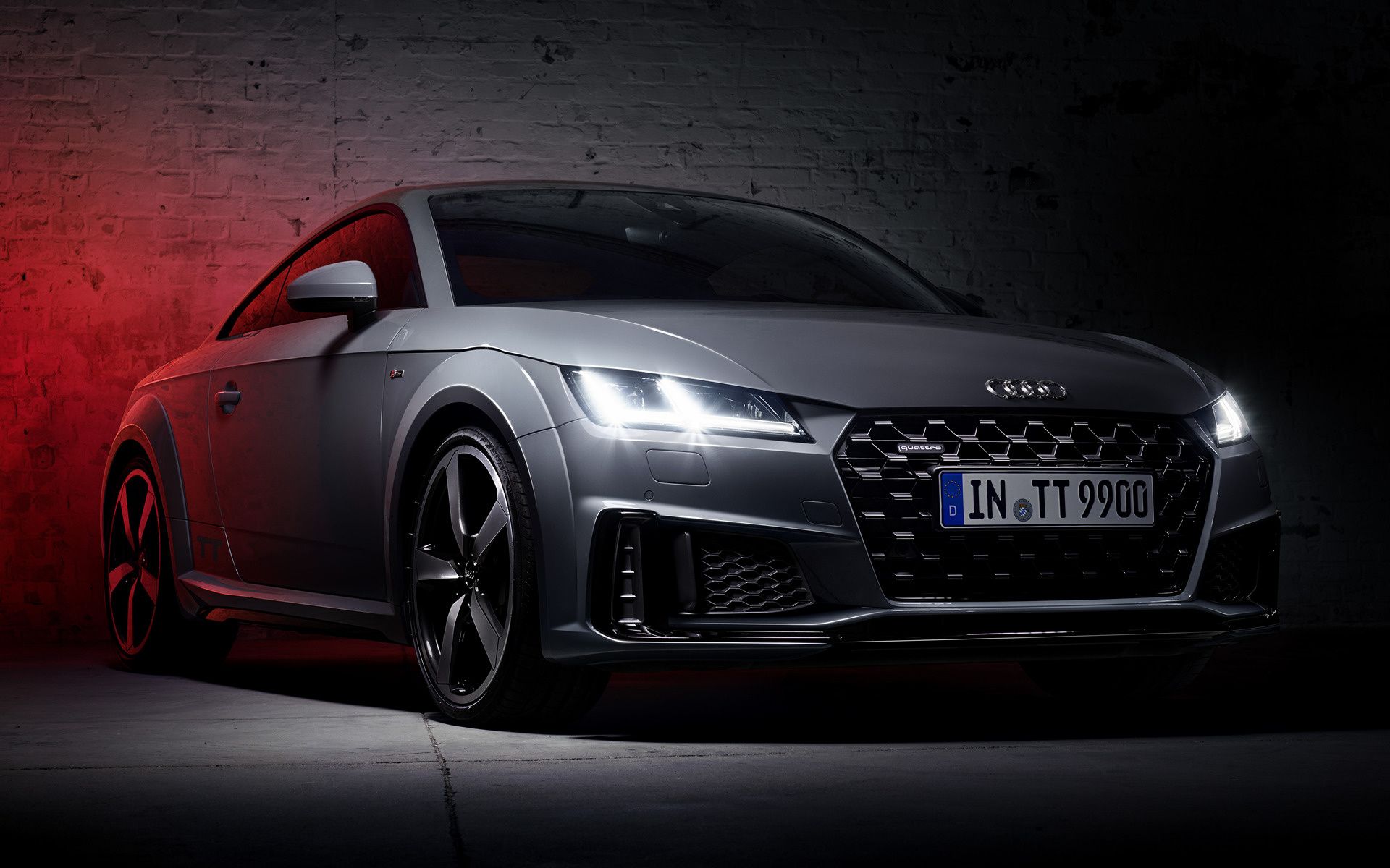 Audi TTS, Grau, Rotes Licht, LED-Scheinwerfer, Dunkel, Full HD, Desktop-Hintergrund für Windows