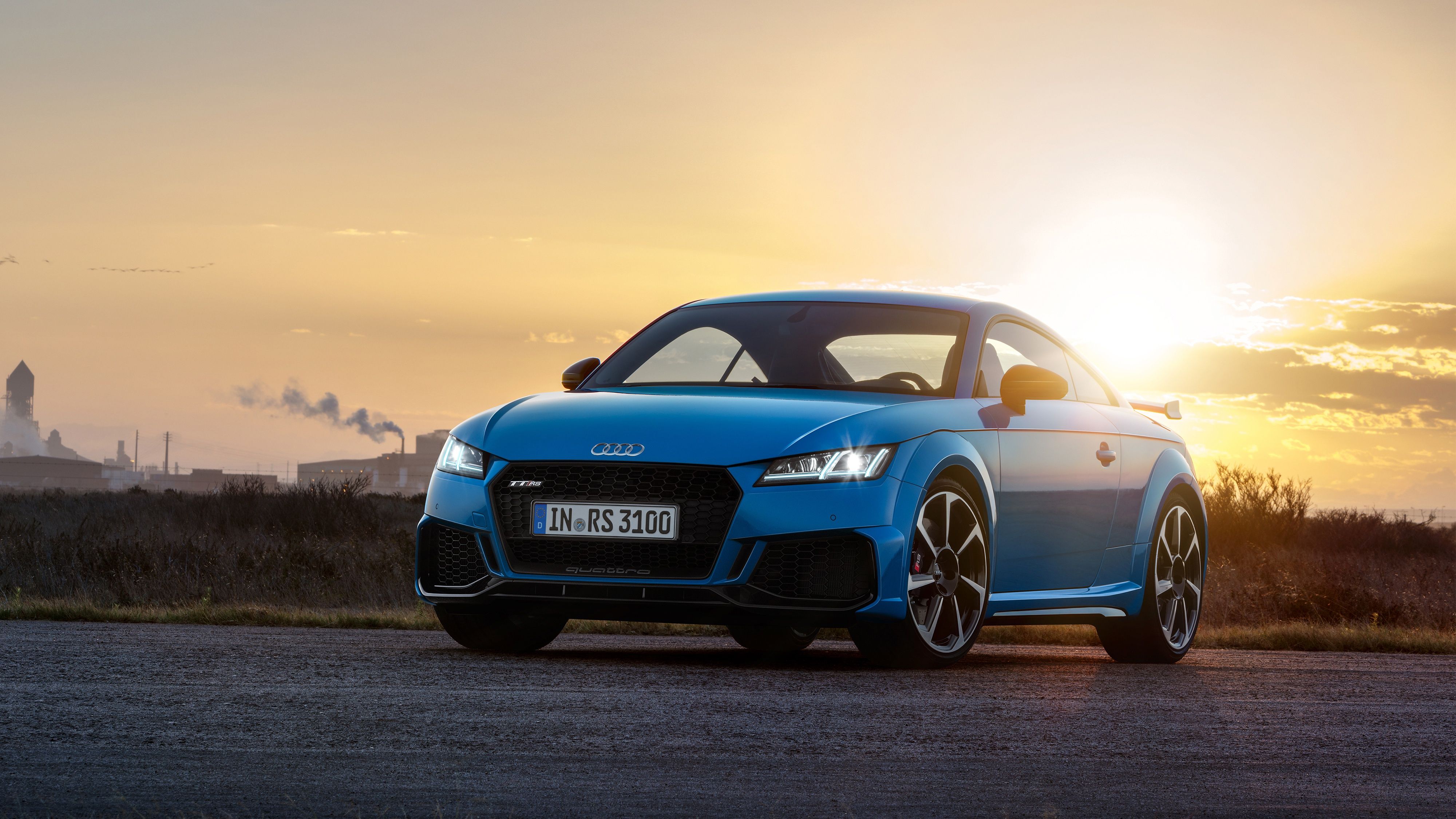 Audi TT RS, Blau, Sonnenuntergang, Gegenlicht, Frontansicht, 4K, Laptop-Hintergrundbild