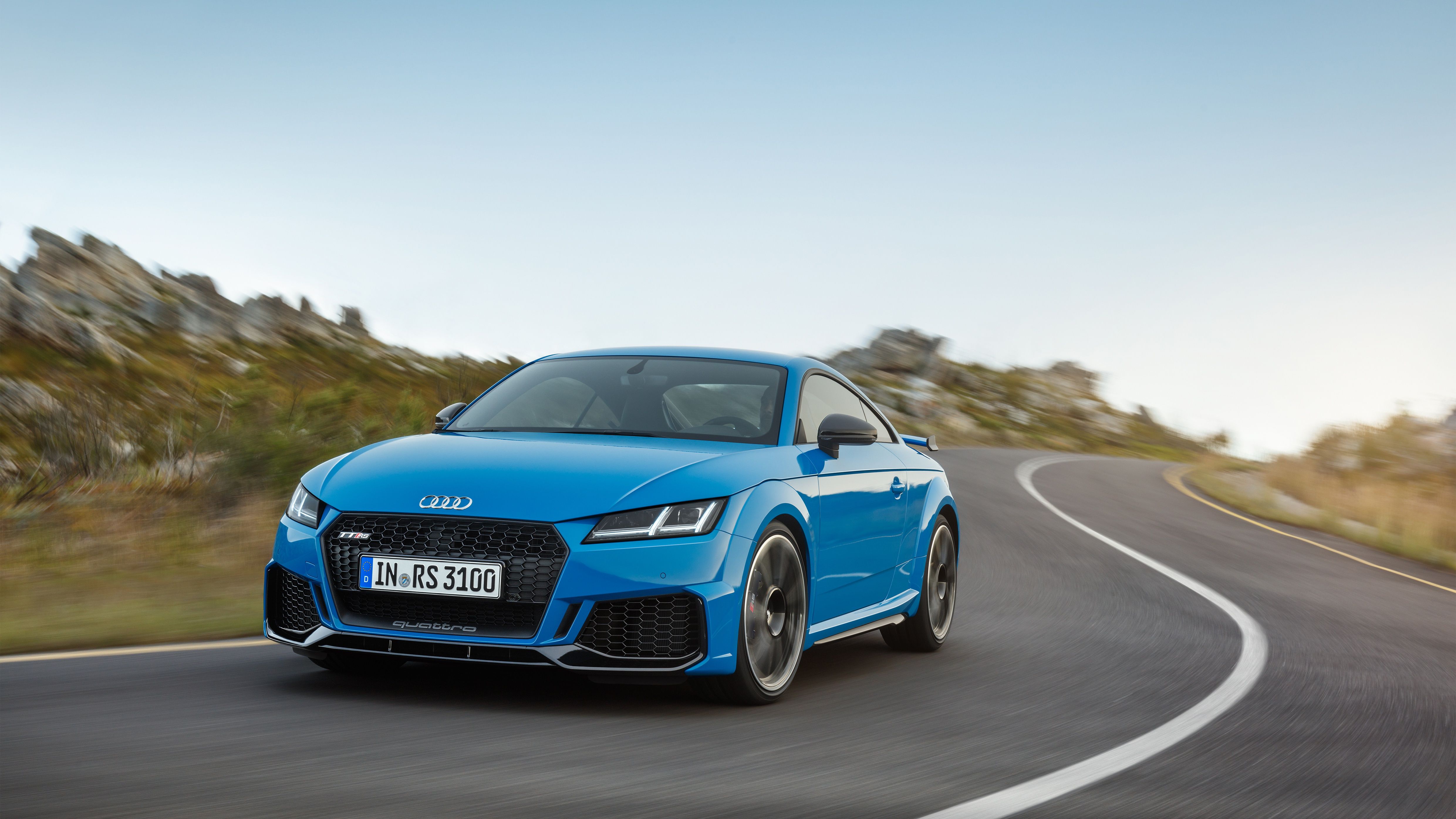 Audi TT RS, Blau, Kurvenstraße, Fahraufnahme, Hügel, 4K, Desktop-Hintergrund für Windows