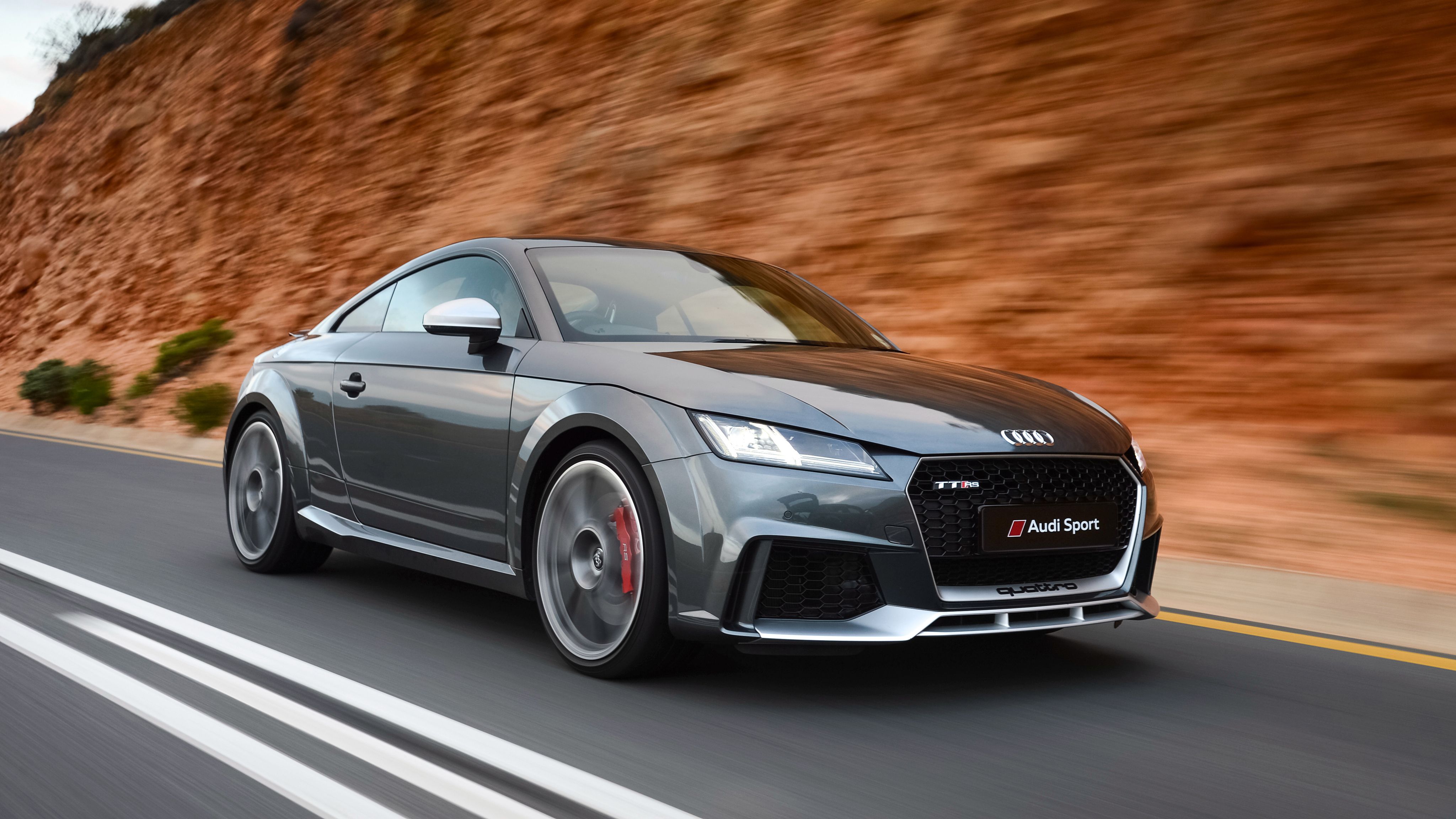 Audi TT RS, Audi Sport, Grau, Fahraufnahme, Bewegungsunschärfe, 4K, Breitbild-Hintergrundbild