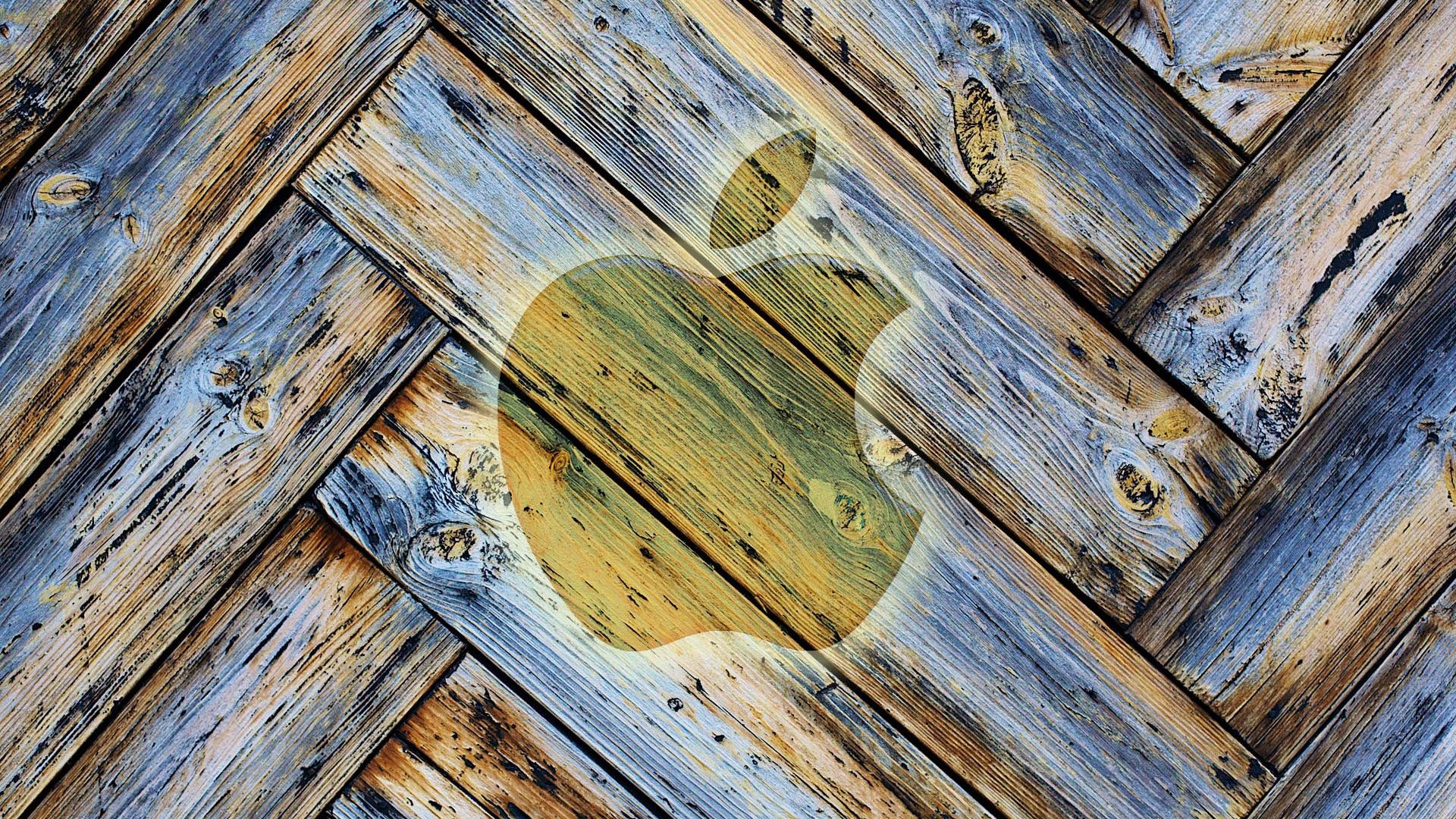 Apple-Logo, Apple, Fischgrätmuster, Verwittertes Holz, Blau, Full HD, Breitbild-Hintergrundbild