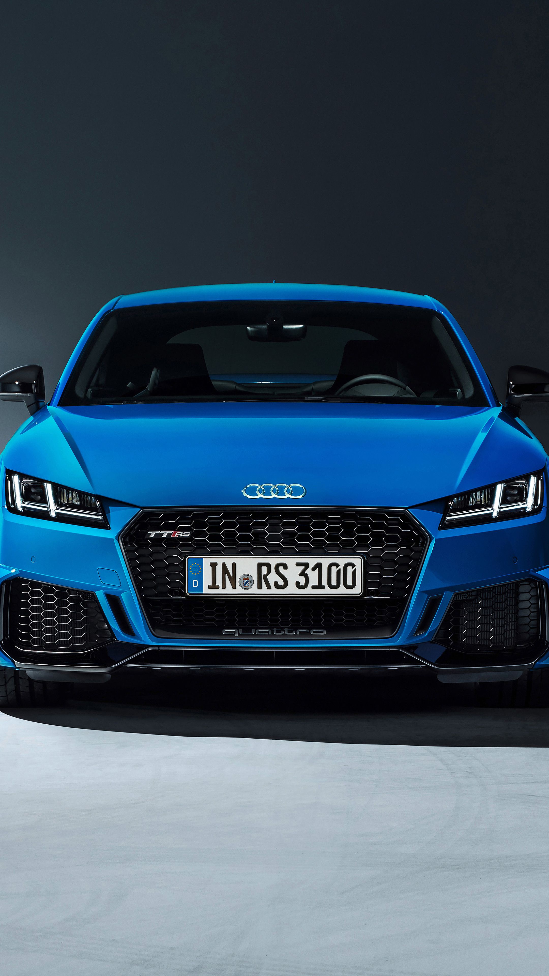 Audi TT RS, Blau, Frontansicht, Grauer Hintergrund, Detailaufnahme, Sperrbildschirm fürs iPhone